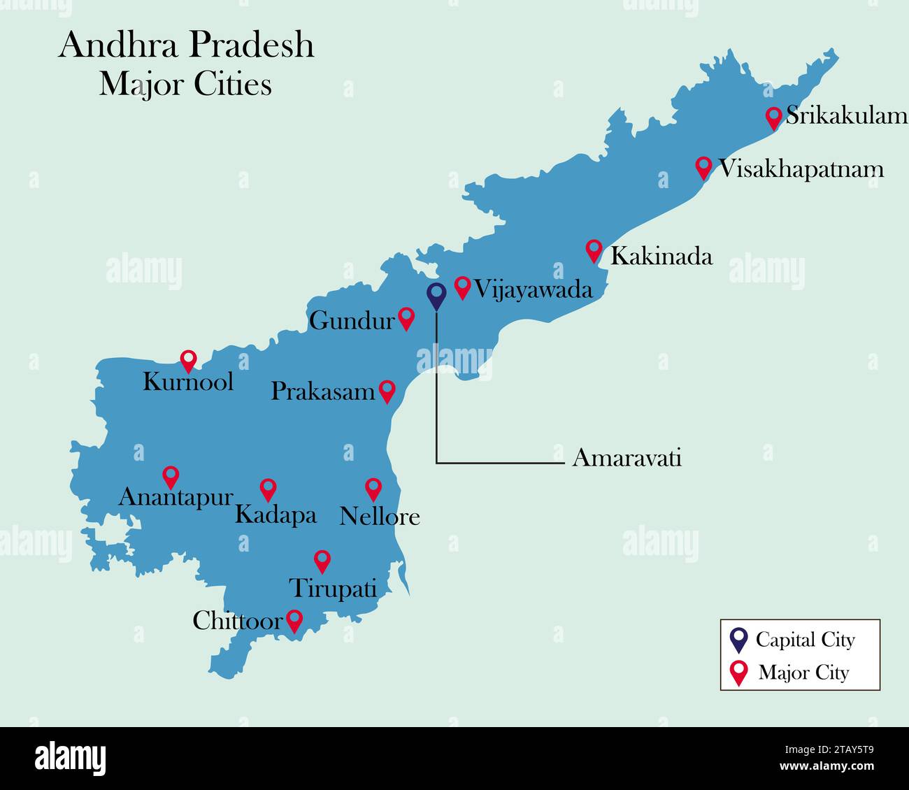 Indian State Andhra Pradesh major cities pinned on Andhra Pradesh Map Stock Vector
