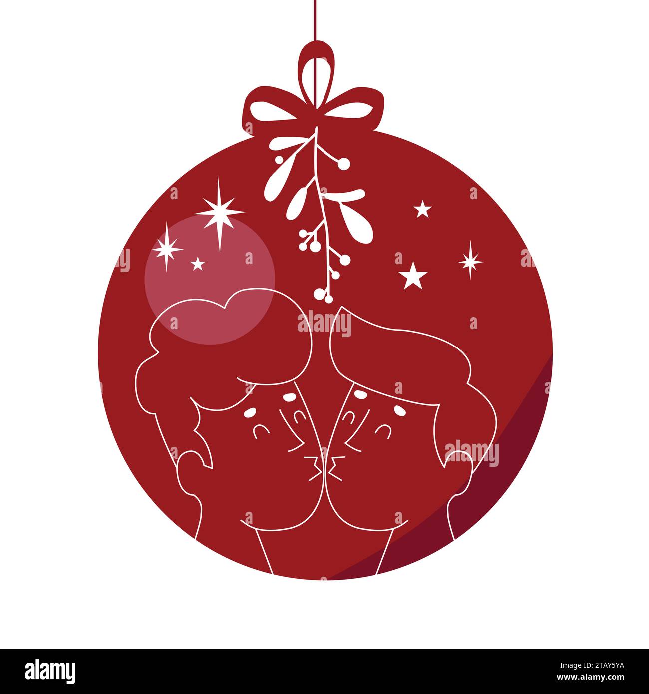 Holiday Ornament With Bow, Two Men Kiss Under A Mistletoe With White Berries And Stars to Celebrate Love, December, Holidays, New Year Stock Vector