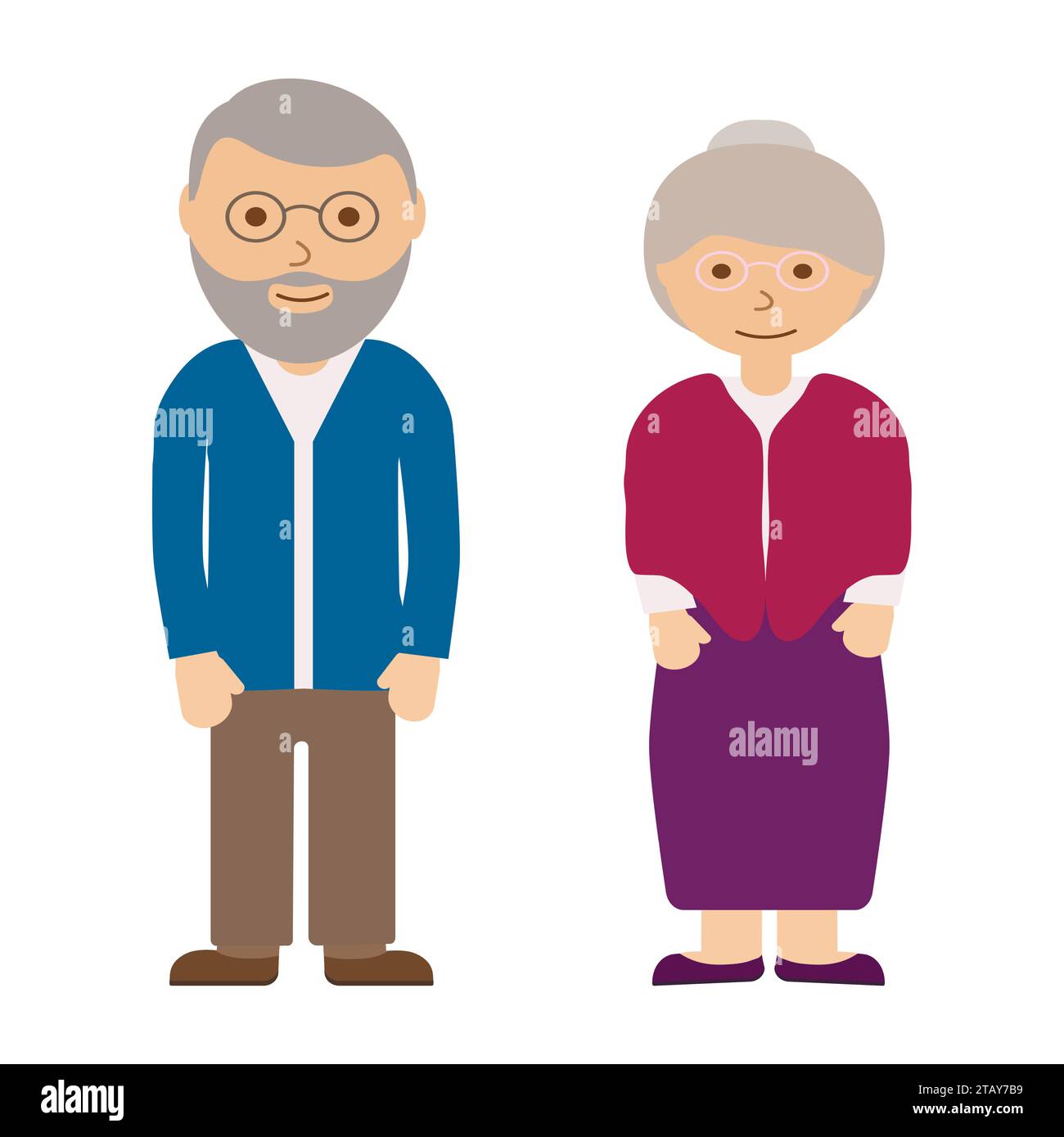 Happy grandfather and grandmother on white background. Old people in family. Grandparents in glasses. Aged grey haired couple. Vector illustration Stock Vector