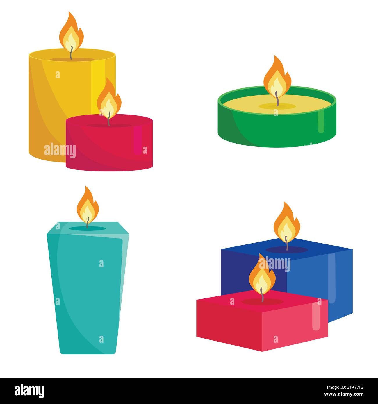 Set colorful candles isolated on white background. Aromatherapy burning candles with aromatic plant and essential oils for spa. Elements for new year Stock Vector