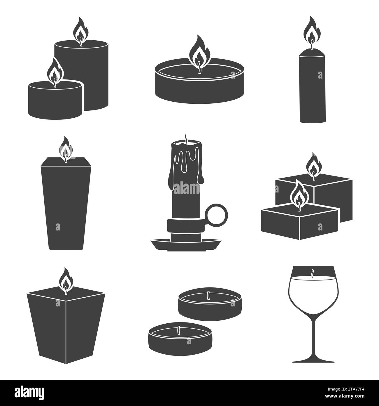 Set candles icons isolated on white background. Aromatherapy burning candles with aromatic plant and essential oils for spa. Elements for new year Stock Vector