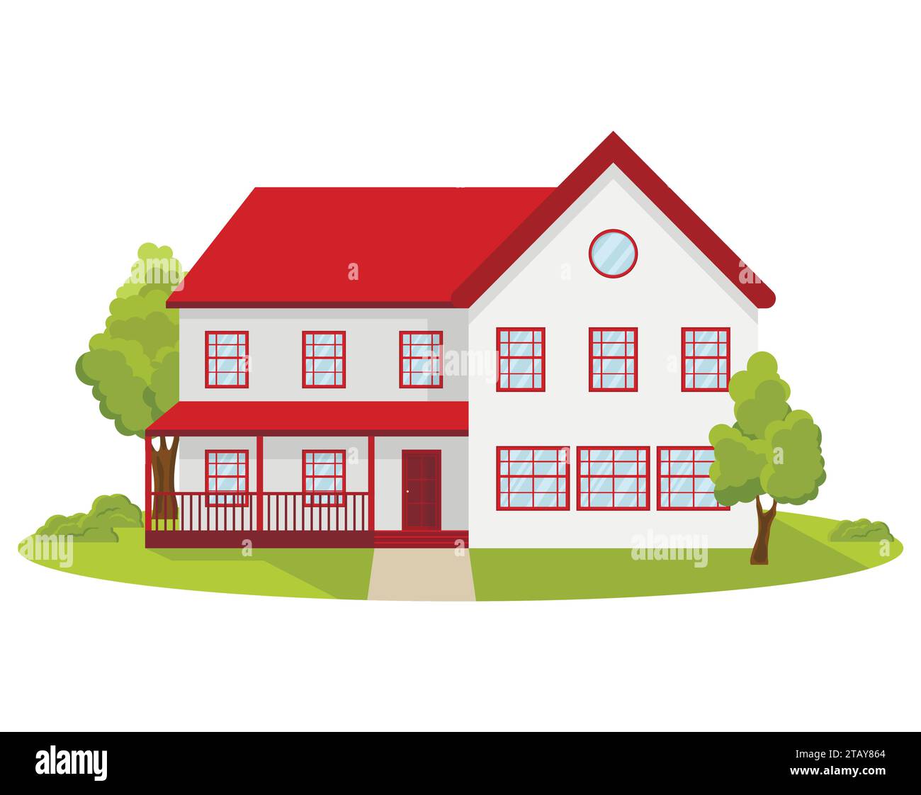 Town house cottage, flat private residential architecture. Front of the house and garden, country cottage. Grassy lawn and trees. Residential Home ext Stock Vector