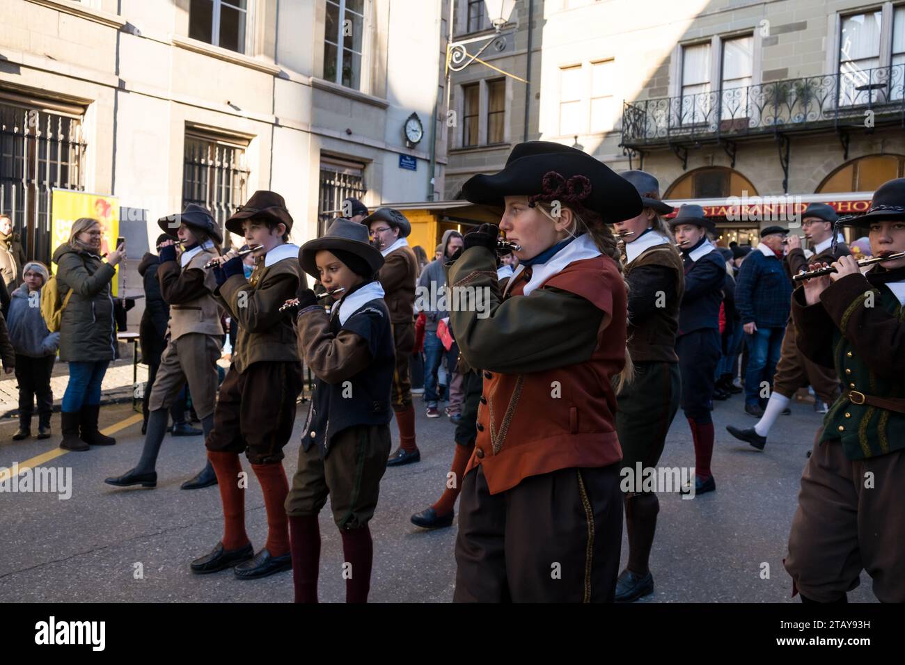 Geneva, Switzerland - December 11, 2022. Festivities of L' Escalade   annual festival in Geneva, in December, with parades, music, chocolate and wine. Stock Photo