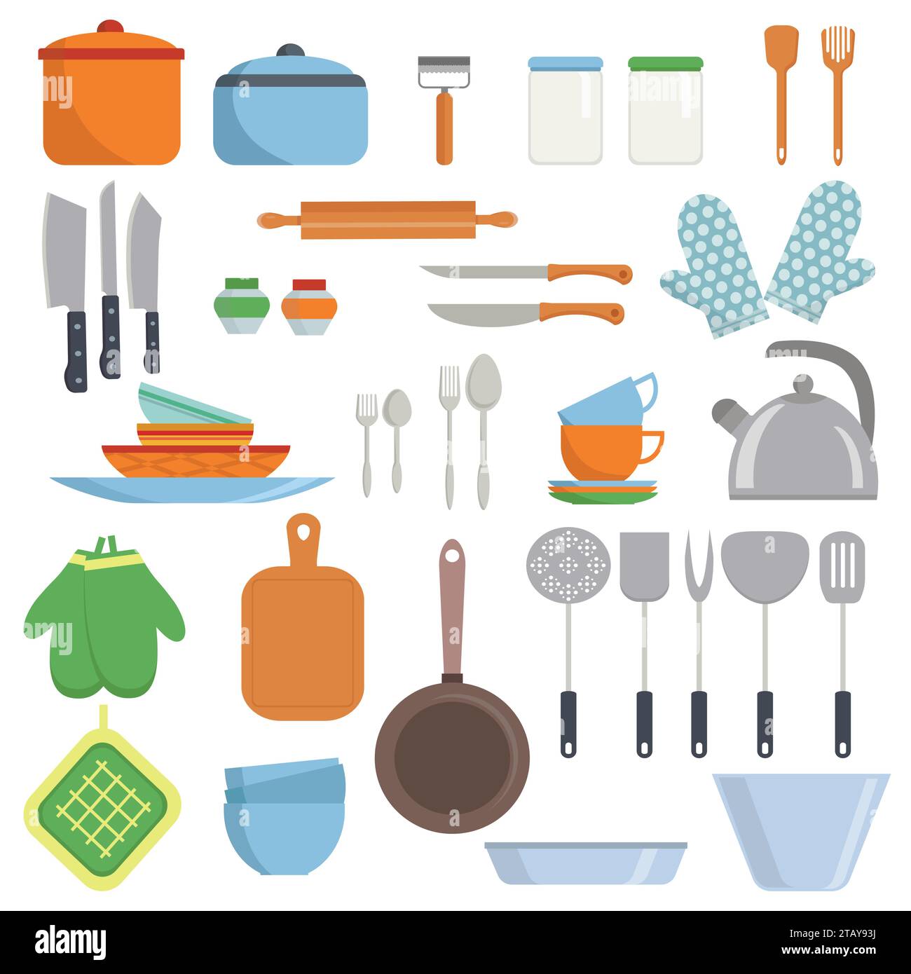 Kitchen equipments and utensils big set icons isolated on white background. Cooking tools objects collection. Kitchenware in flat style Stock Vector