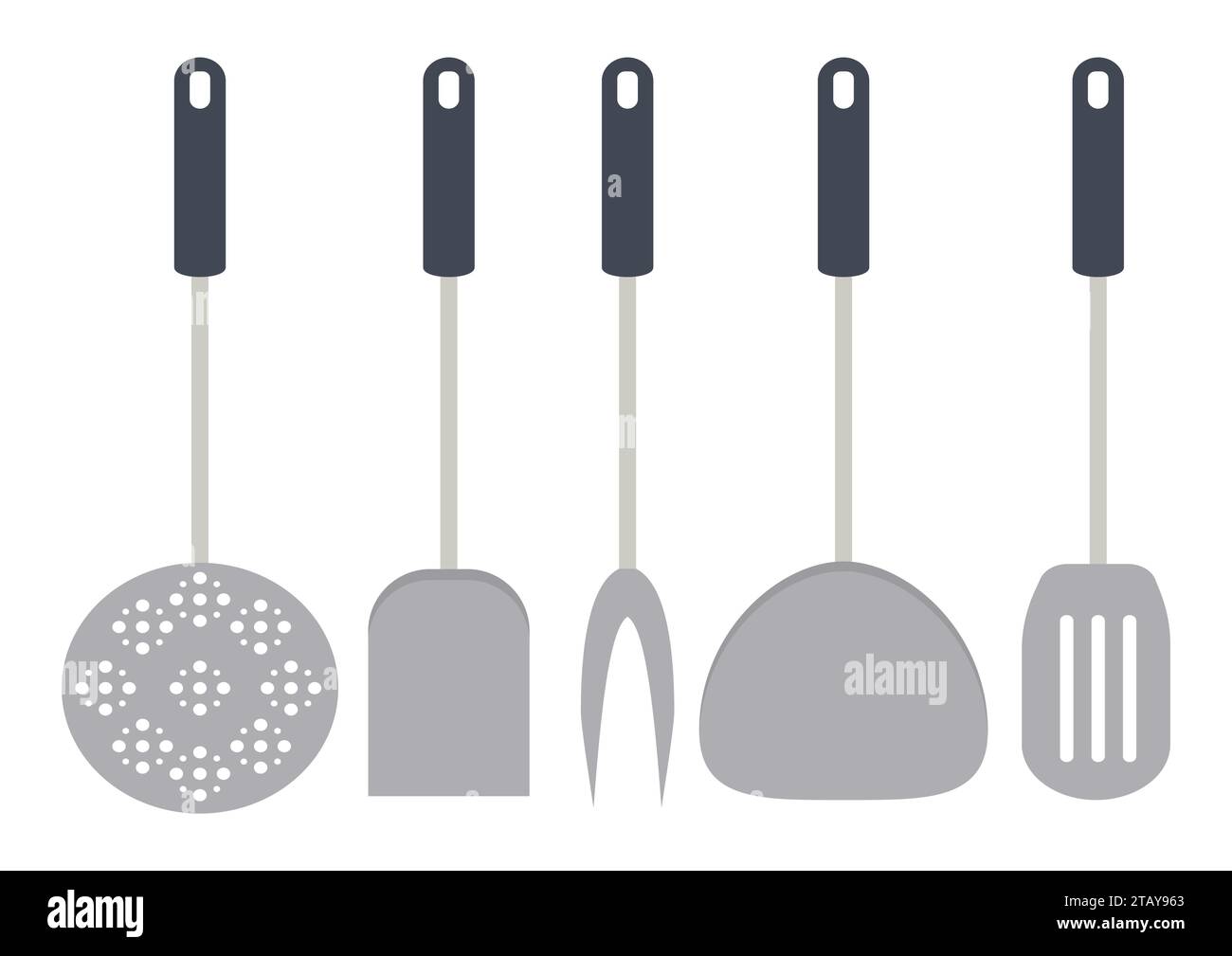 Kitchen tools and restaurant utensils isolated on white backgroud. Spatula, whisk, fork, ladle, cheese slicer, skimmer and sieve. Vector illustration Stock Vector