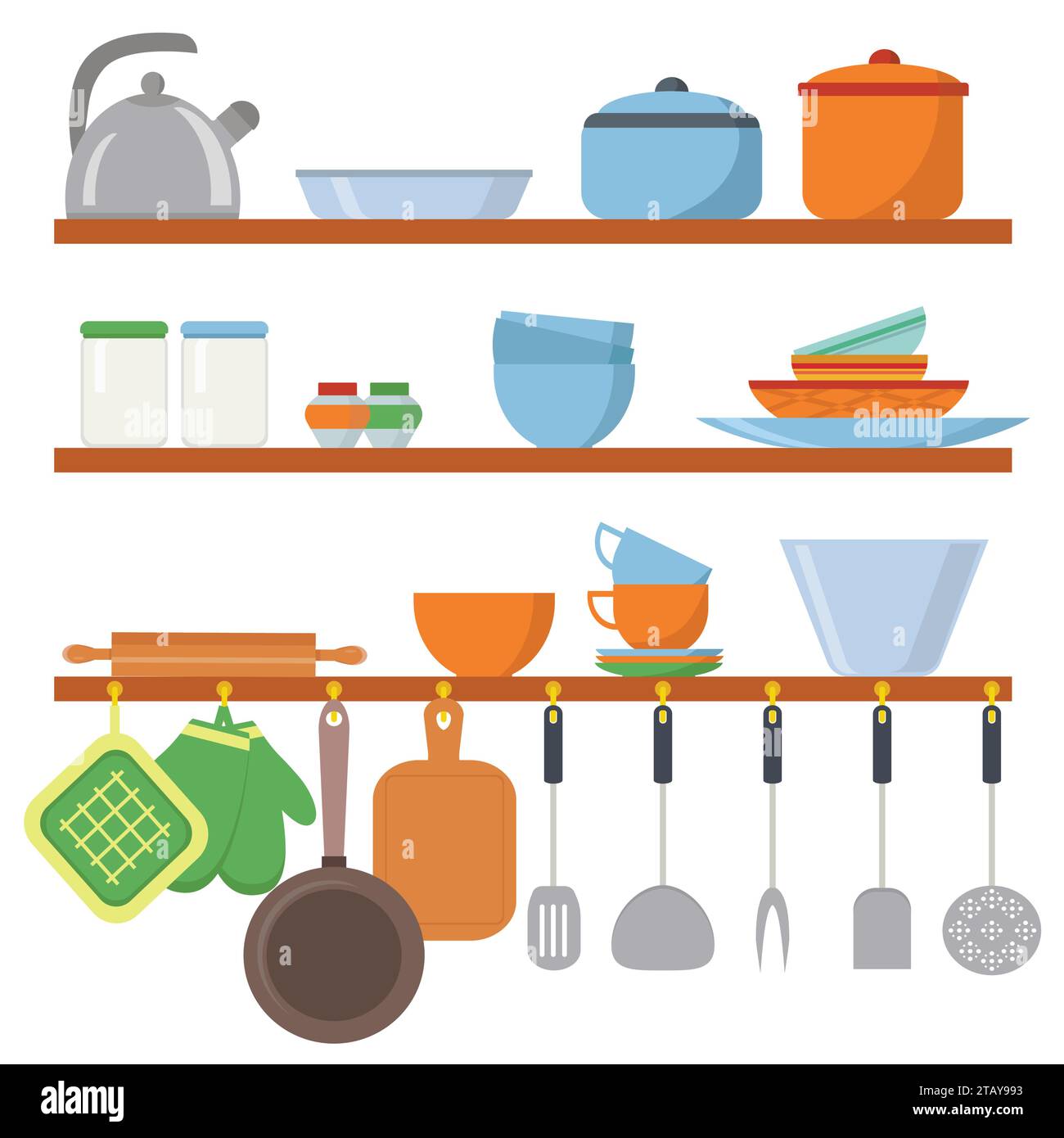 Kitchen equipments and utensils big set icons on shelf isolated on white background. Cooking tools objects collection. Kitchenware in flat style Stock Vector