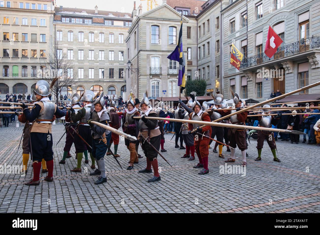 Geneva, Switzerland - December 11, 2022. Festivities of L' Escalade   annual festival in Geneva, in December, with parades, music, chocolate and wine. Stock Photo