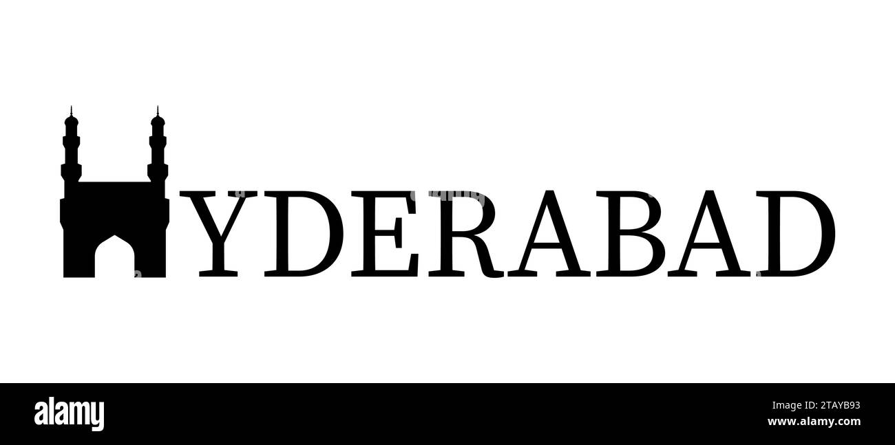 Hyderabad city skyline with text. Hyderabad is the capital and largest city of the Indian state of Telangana Stock Vector