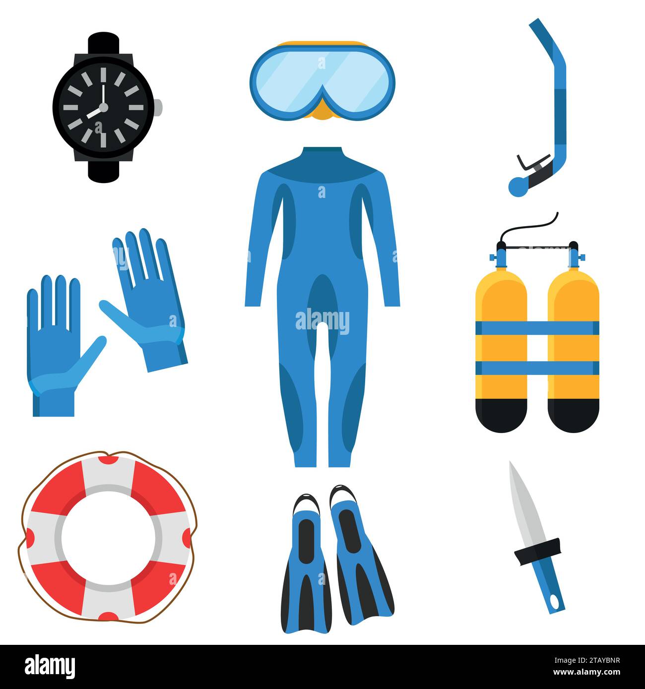 Collection of scuba diving. Diver wetsuit, scuba mask, snorkel, fins, oxygen cylinders, lifebuoy, flippers icons. Underwater activity diving equipment Stock Vector