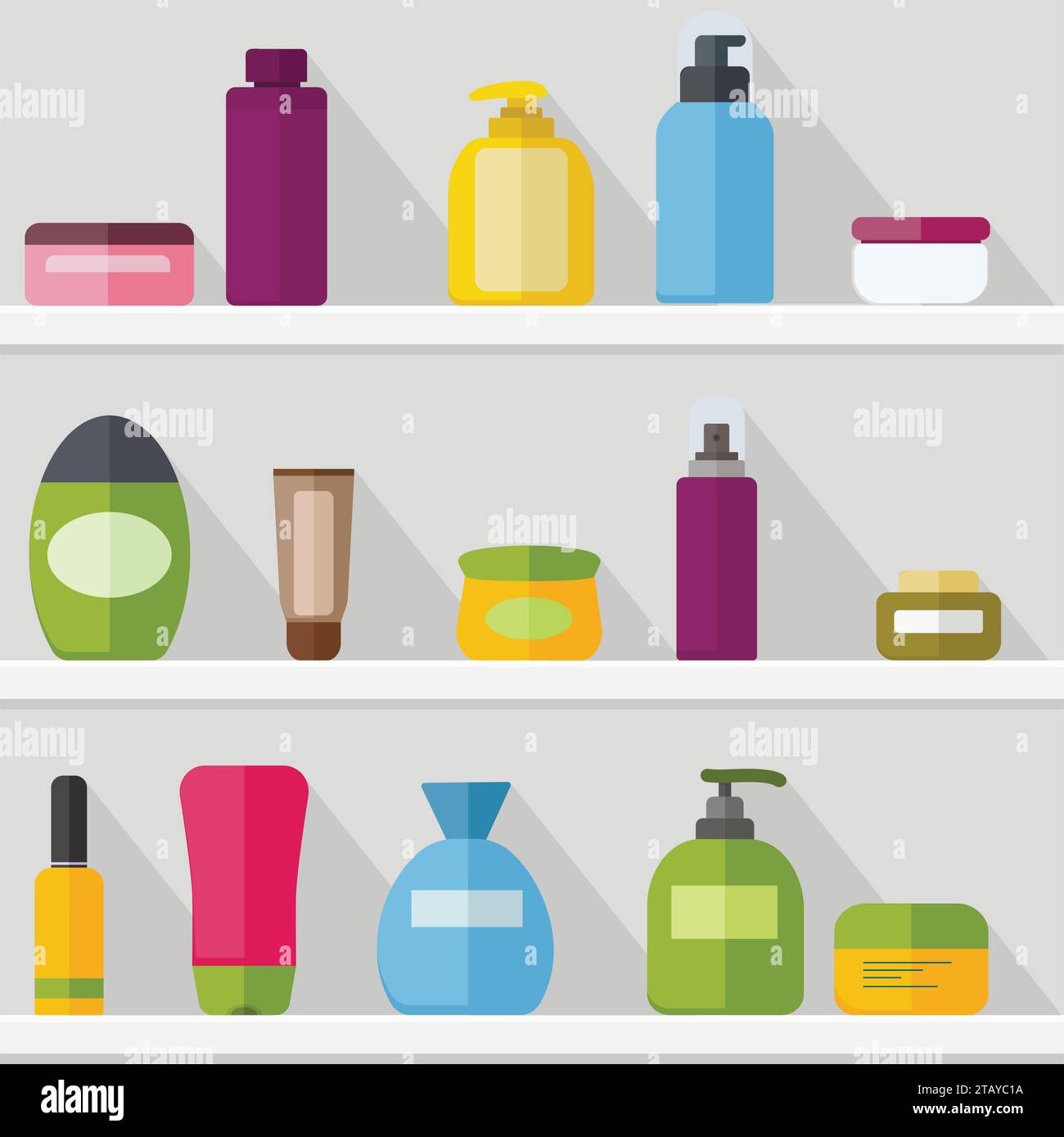Cosmetic bottles template set on the shelf witj shadow. Tubes and vials cosmetics. Cream, shampoo, gel, spray and soap. Vector illustrtaion Stock Vector