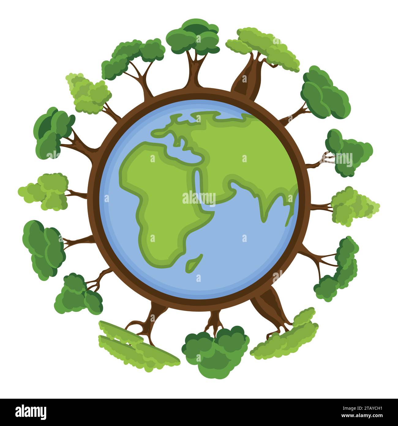 Ecology concept with green Eco Earth and trees. Cartoon earth planet globe with environment elements around. Eco friendly vector illustration. Stock Vector