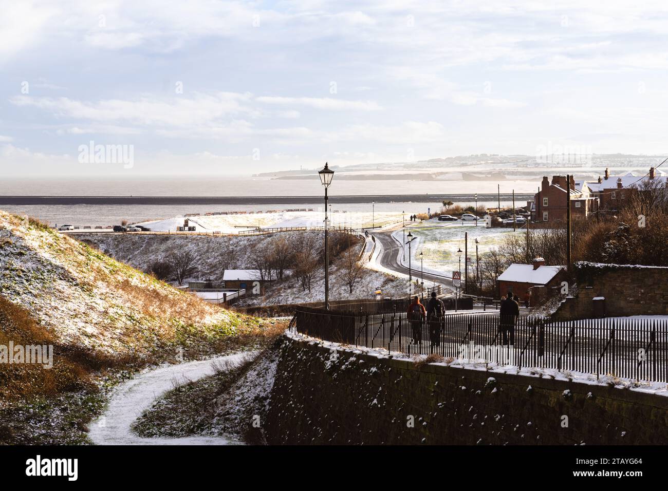 The View of the River Tyne and beyond to South Shields from the top of the Tynemouth Castle snowy mound Stock Photo