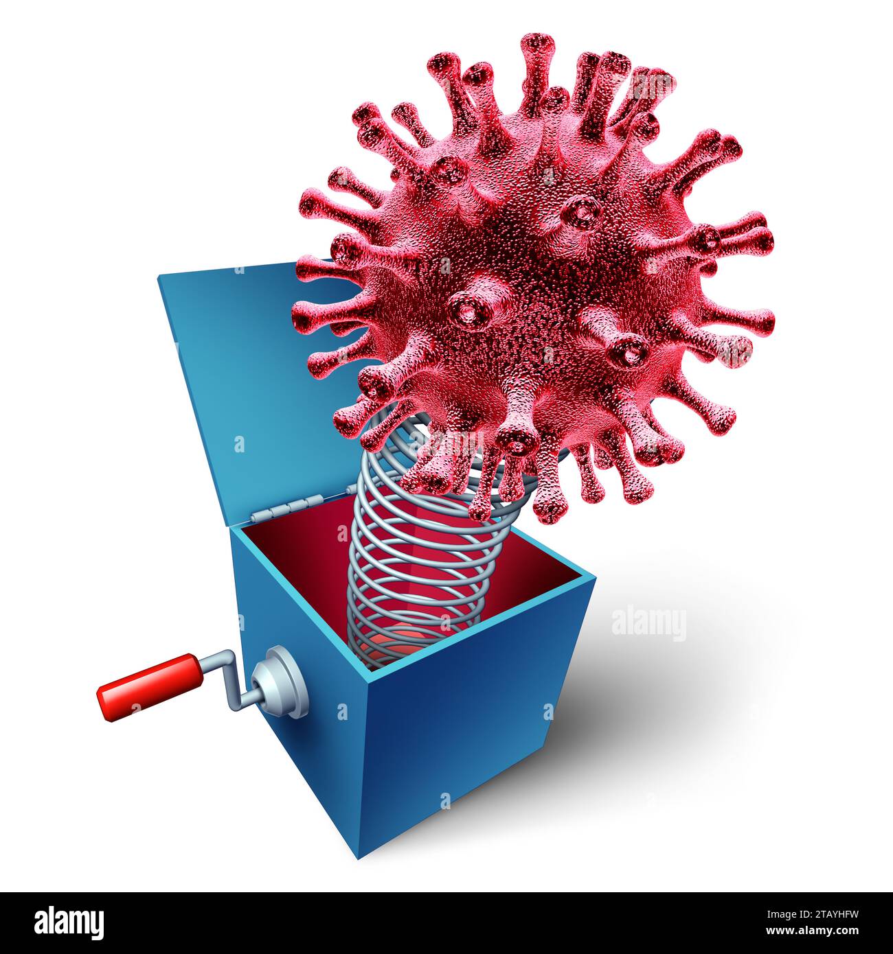 Surprise Infection Outbreak as a new virus pandemic or Novel epidemic viral infection as a jack in the box toy representing childhood infections or su Stock Photo