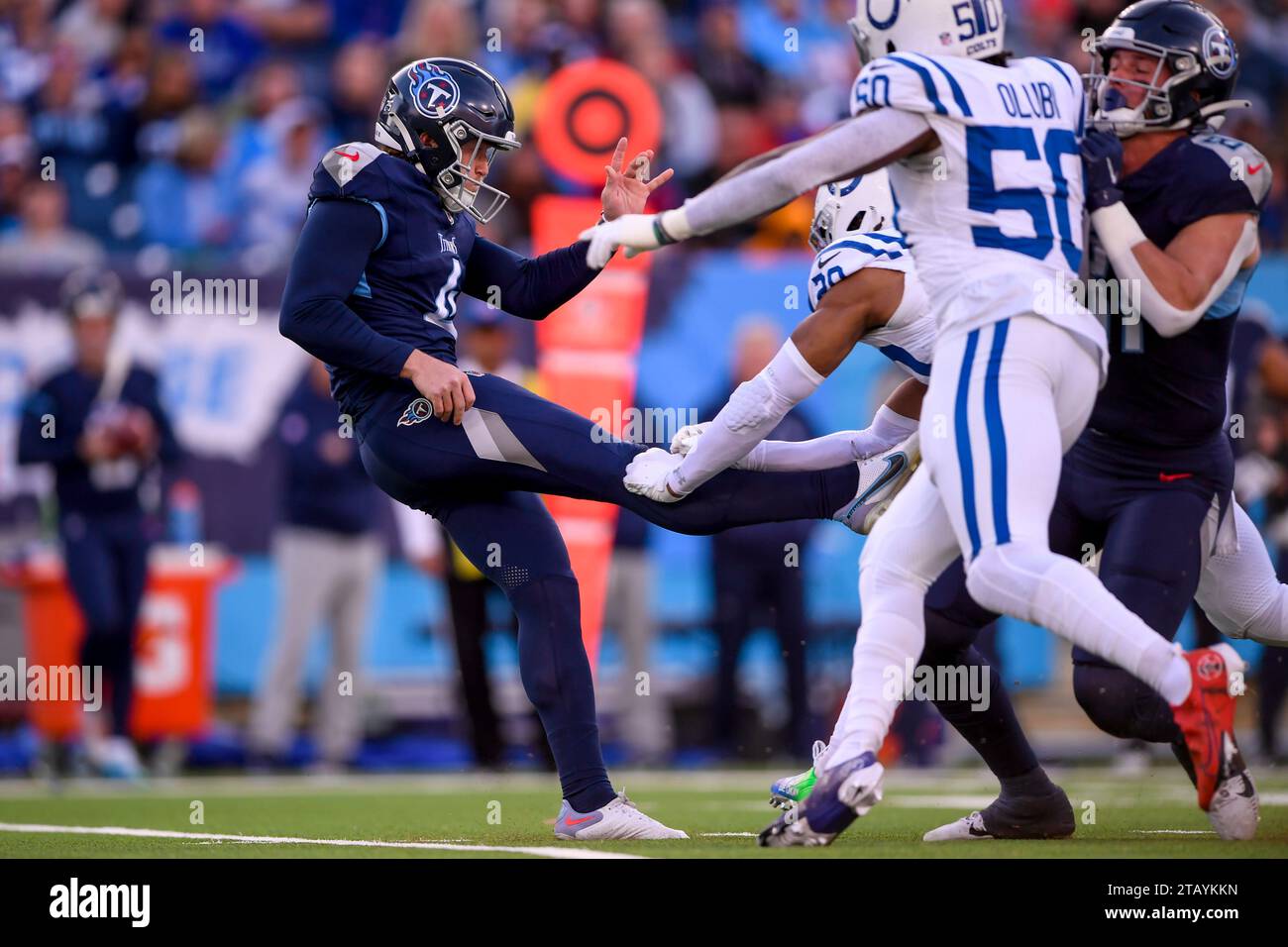 December 3, 2023: Indianapolis Colts cornerback Tony Brown (38) blocks the punt of Tennessee Titans punter Ryan Stonehouse (4) during the second half of an NFL game between the Indianapolis Colts and Tennessee Titans at Nissan Stadium in Nashville TN Steve Roberts/CSM Stock Photo