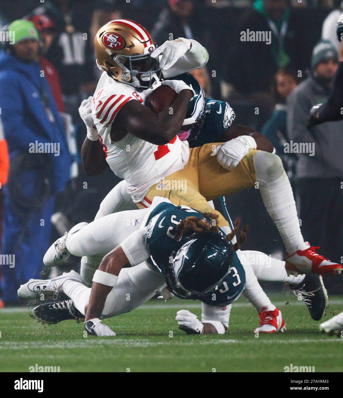Philadelphia, United States. 03rd Dec, 2023. San Francisco 49ers wide receiver Deebo Samuel (19) is tackled by Philadelphia Eagles cornerback Bradley Roby (33) and linebacker Nicholas Morrow (41) during the first half of NFL action at Lincoln Financial Field in Philadelphia on Sunday, December 3, 2023. Photo by Laurence Kesterson/UPI Credit: UPI/Alamy Live News Stock Photo