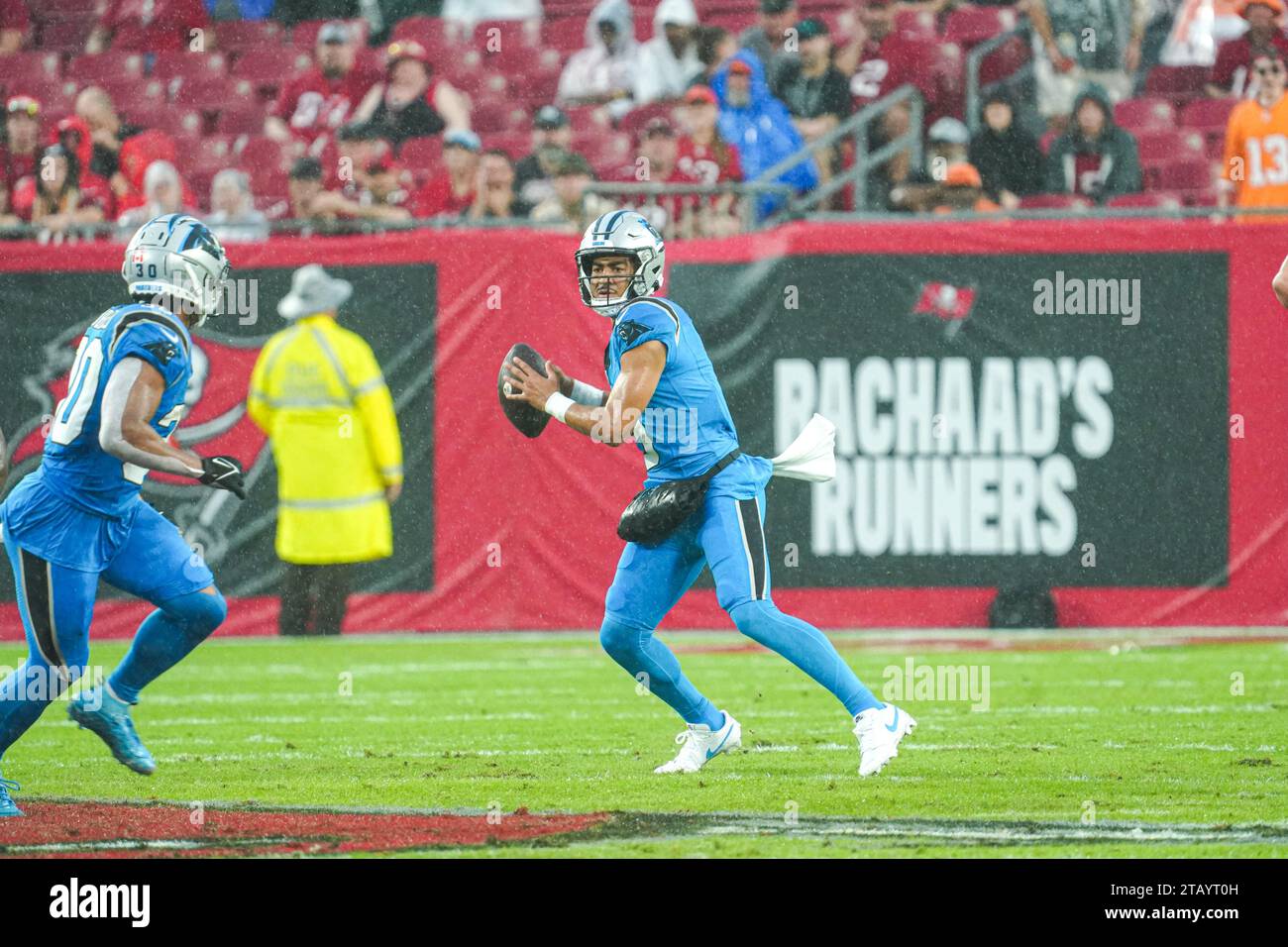 Tampa Bay, Florida, USA, December 3, 2023, Carolina Panthers quarterback Bryce Young #9 look to make a pass at Raymond James Stadium. (Photo Credit: Marty Jean-Louis/Alamy Live News Stock Photo