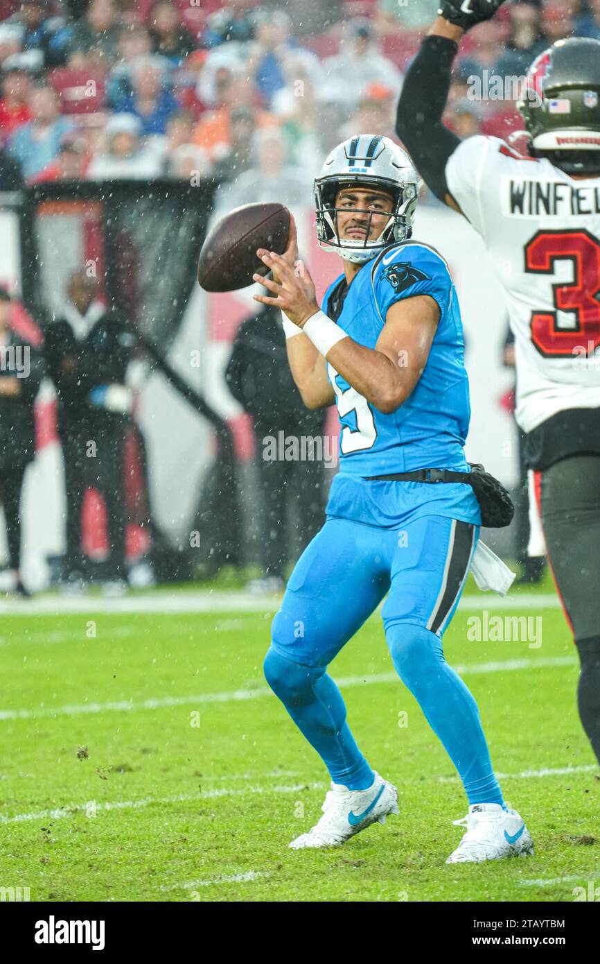 Tampa Bay, Florida, USA, December 3, 2023, Carolina Panthers quarterback Bryce Young #9 look to make a pass at Raymond James Stadium. (Photo Credit: Marty Jean-Louis/Alamy Live News Stock Photo