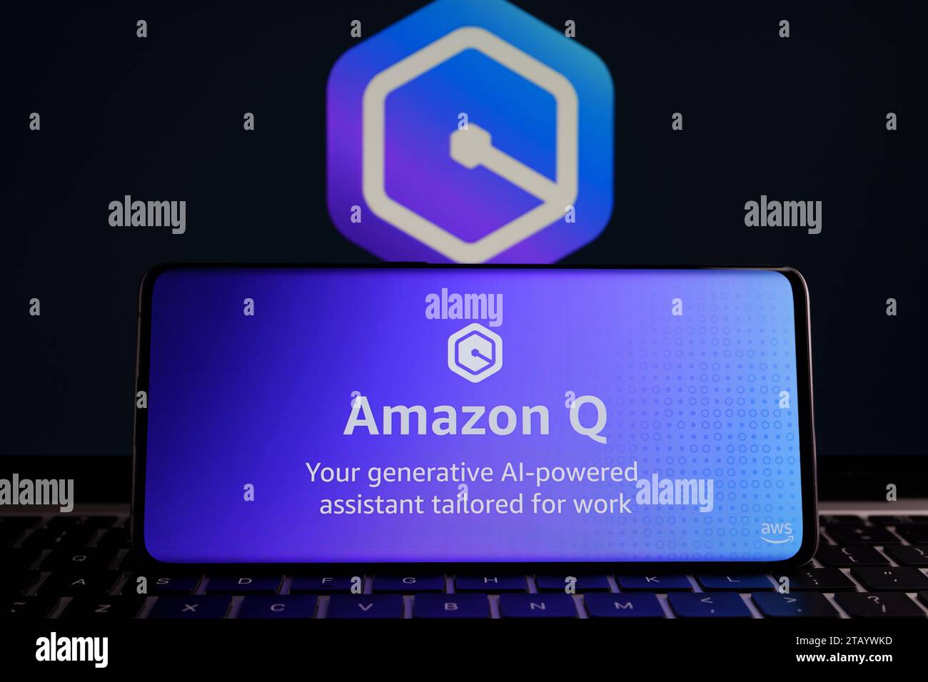 Amazon Q AI logo seen on smarphone screen. New generative AI assistant, AI chatbot for businesses. Stafford, UK, December 3, 2023 Stock Photo