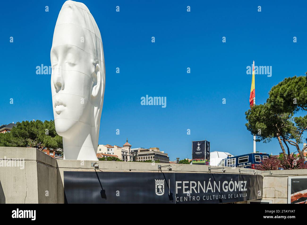 MADRID, SPAIN - JUNE 1, 2019: Sculpture 'Julia' made of polyester resin and white marble powder by the artist Jaume Plensa, located since 2018 in the Stock Photo