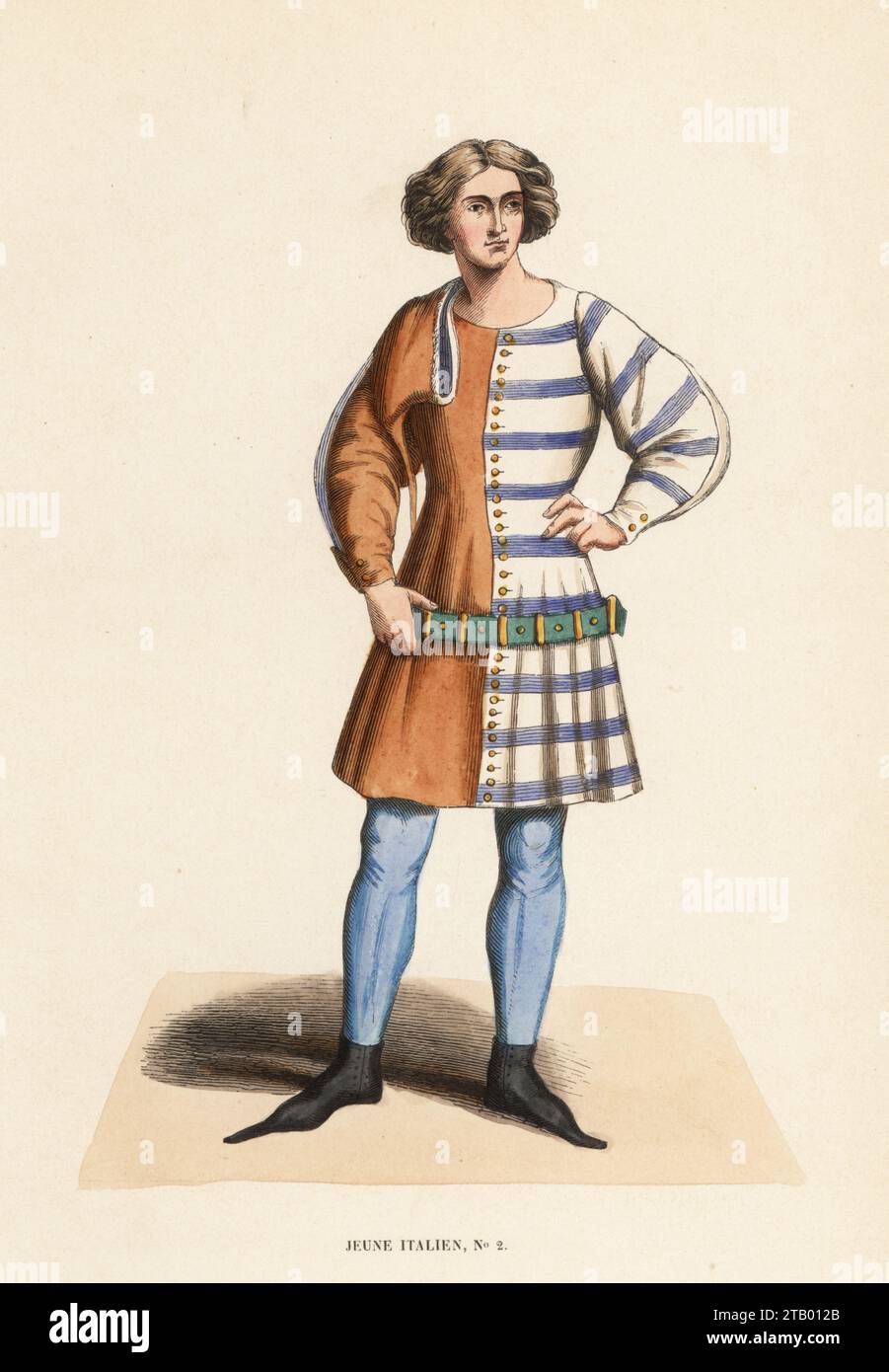 Costume of a young Italian man, 14th century. In particoloured soubreveste tunic, green belt worn on the hips, blue hose and black poulaines. From a manuscript of Titius Livius, Tite-Live, in the Biblioteca Ambrosiana, Milan. Jeune Italien, XIVe siecle. Handcoloured woodcut engraving from Costume du Moyen Age, Medieval Costume, Librairie Historique-Artistique, Brussels, 1847. Stock Photo