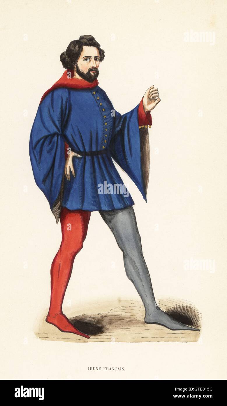 Costume of a young Frenchman, 14th century. In blue soubreveste or tunic with ermine-lined sleeves, particoloured hose and poulaines. From a miniature in a manuscript of Romain de la Rose. Jeune Francais, XIVe siecle. Handcoloured woodcut engraving from Costume du Moyen Age, Medieval Costume, Librairie Historique-Artistique, Brussels, 1847. Stock Photo