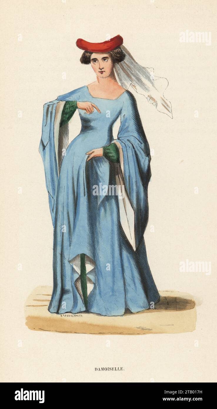 Costume of a young woman, 15th century. In scarlet birette with veil, blue robe with train (cotte a giron). From a manuscript Bible in the Bibliotheque royale de Bruxelles. Damoiselle, XVe siecle. Handcoloured woodcut engraving by At. Pannemaker from Costume du Moyen Age, Medieval Costume, Librairie Historique-Artistique, Brussels, 1847. Stock Photo