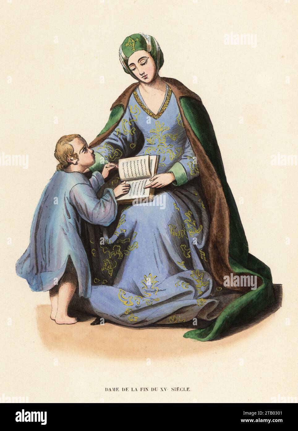 Dutch lady and child, end of the 15th century. In velvet turban, green cloak, sky blue robe with gold embroidery. From a painting by an artist of the Dutch school. Dame de la fin du XVe Siecle. Handcoloured woodcut engraving from Costume du Moyen Age, Medieval Costume, Librairie Historique-Artistique, Brussels, 1847. Stock Photo