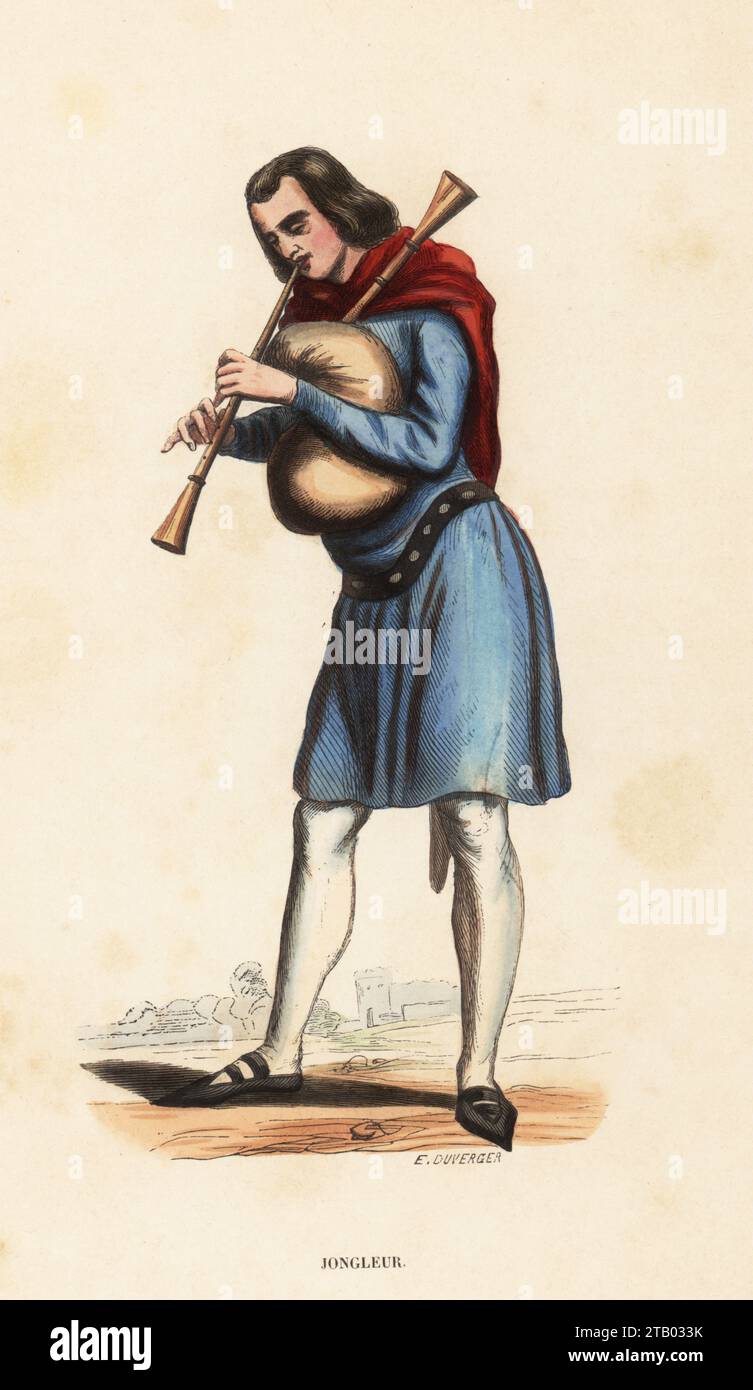 Costume of a minstrel, 13th century. Minstrels performed dance, poetry, music, bagpipes, etc. From a miniature in a manuscript of Romain de la Rose in the Bibliotheque royale de Bruxelles. Jongleur (Ménétrier), XIIIe siecle. Handcoloured woodcut engraving by Evrard Duverger from Costume du Moyen Age, Medieval Costume, Librairie Historique-Artistique, Brussels, 1847. Stock Photo