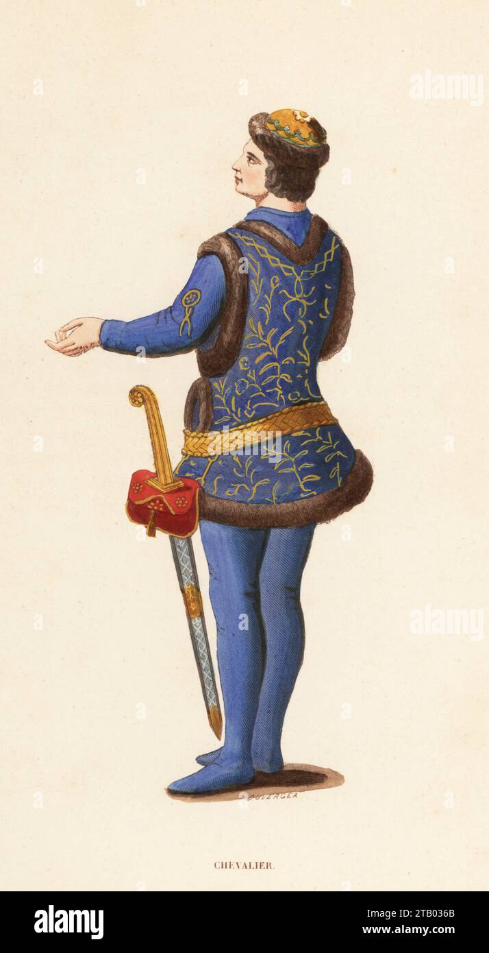 Costume of a knight, 1435. In gold fur cap, blue embroidered tunic, sword and red bag attached to the belt by gold rings. From a painting of John boiled in oil by Stefan Lochner, Martyrdom of the Apostles, Stadel. Chevalier, XVe Siecle. Handcoloured woodcut engraving by Evrard Duverger from Costume du Moyen Age, Medieval Costume, Librairie Historique-Artistique, Brussels, 1847. Stock Photo
