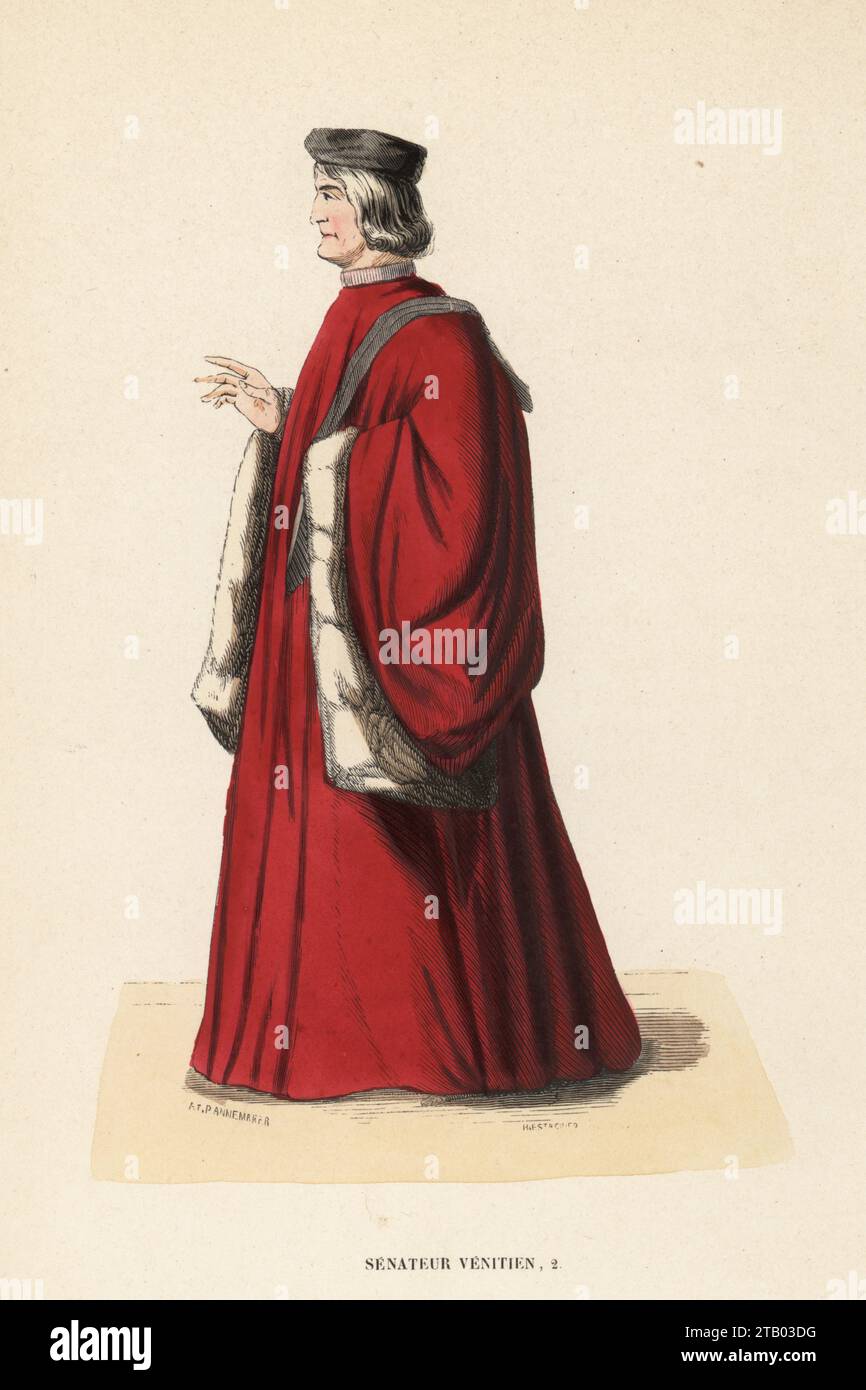 Costume of a Venetian senator, 15th century. In black toque hat, red velvet simar with ermine lining. From the painting Procession in St. Mark's Square by Gentile Bellini. Senateur Venitien, 15th century. Handcoloured woodcut engraving by At. Pannemaker and H. Estaquier from Costume du Moyen Age, Medieval Costume, Librairie Historique-Artistique, Brussels, 1847. Stock Photo