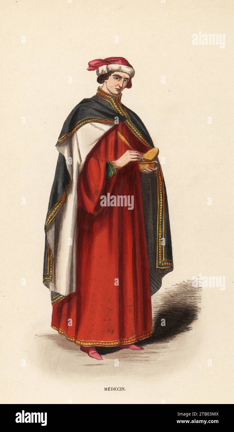 Costume of a doctor, Italy, 14th century. In velvet chaperon hood, black cloak, scarlet habit, and red shoes. From a painting in the Academie des beaux arts, Siena. Medecin, XIVe siecle. Handcoloured woodcut engraving from Costume du Moyen Age, Medieval Costume, Librairie Historique-Artistique, Brussels, 1847. Stock Photo