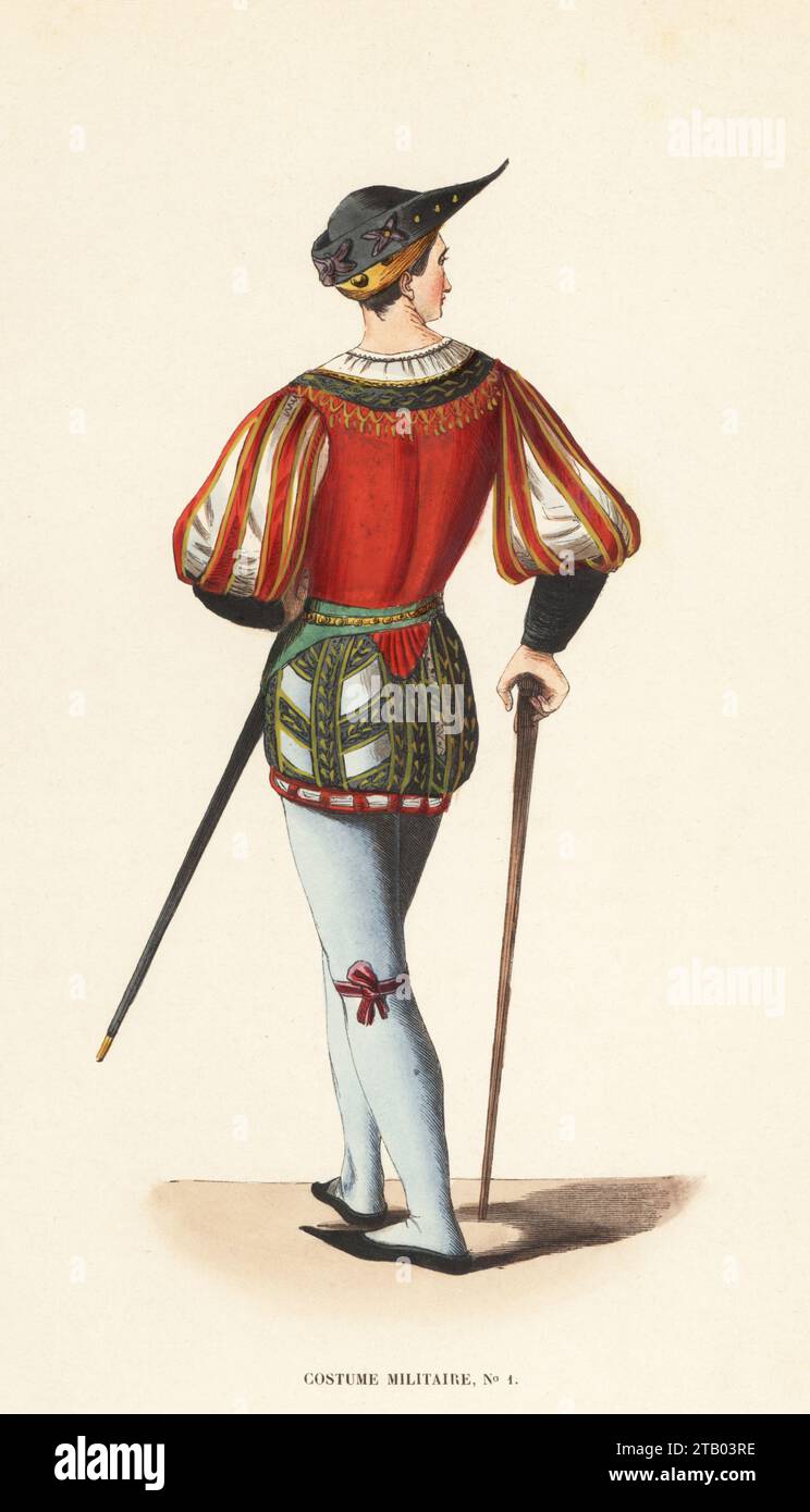 Military uniform, 15th century. In cap, red pourpoint doublet, green girdle, grey hose, red garter, black shoes. With sword and cane. Head page or subaltern officer at the court of HRE Frederick III. From a painting by Bernardino di Benedetto, il Pinturicchio. Costume Militaire, XVe Siecle. Handcoloured woodcut engraving from Costume du Moyen Age, Medieval Costume, Librairie Historique-Artistique, Brussels, 1847. Stock Photo