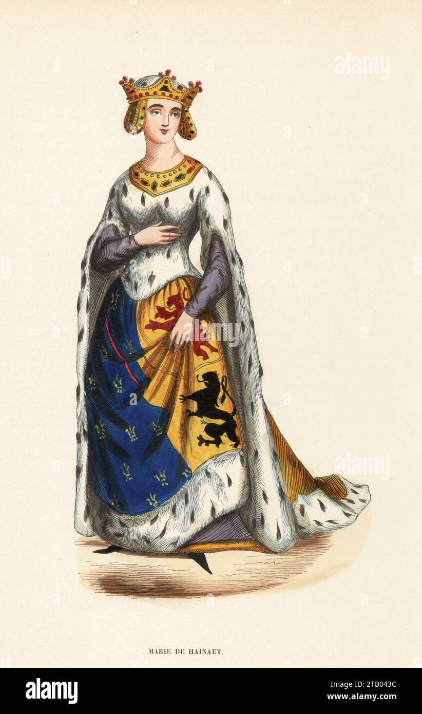 Mary of Avesnes, Mary of Hainaut, daughter of John II, Count of Holland and Philippa of Luxembourg, 1280-1354. In crown over gold net headdress, robe with bejeweled ermine bodice, armorial robe with coats of arms of Holland and Flanders, poulaines. After Leopold Massard's copy of a portrait in the Armorial Revel manuscript. Marie de Hainaut, XIVe Siecle. Handcoloured woodcut engraving from Costume du Moyen Age, Medieval Costume, Librairie Historique-Artistique, Brussels, 1847. Stock Photo