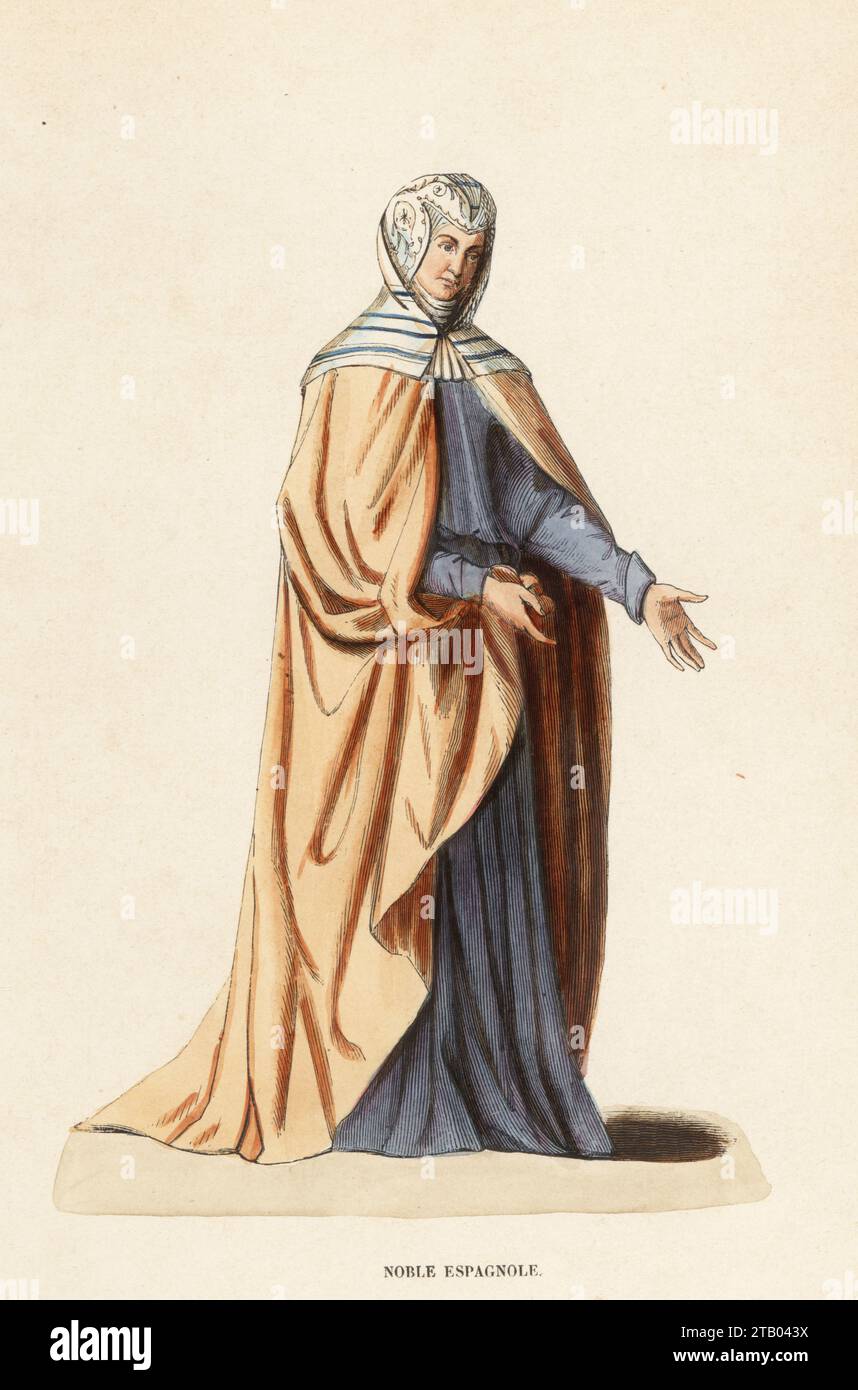 Costume of a Spanish noblewoman, 15th century. In Moorish style headdress with wimple, Sienna cloak and violet robe. From a miniature owned by the court of Spain. Noble Espagnole, XVe Siecle. Handcoloured woodcut engraving from Costume du Moyen Age, Medieval Costume, Librairie Historique-Artistique, Brussels, 1847. Stock Photo