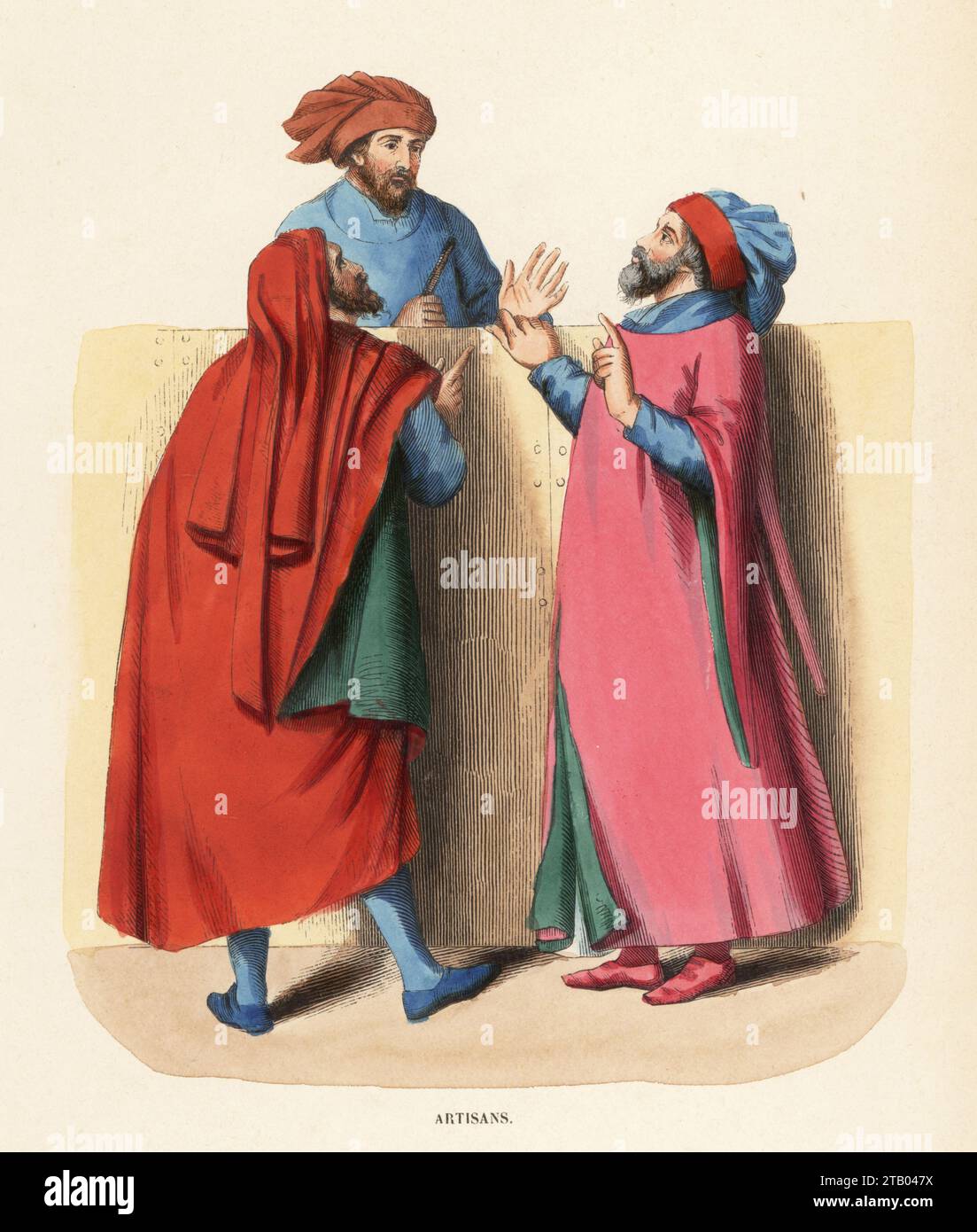 Two artisans in front of a notary, Italy, 14th century. One in scarlet chaperon and cloak, blue doublet and hose. The other in red bourrelet with blue hood, lacquer-coloured cloak. From an illuminated manuscipt in Siena library. Artisans, XIVe siecle. Handcoloured woodcut engraving from Costume du Moyen Age, Medieval Costume, Librairie Historique-Artistique, Brussels, 1847. Stock Photo