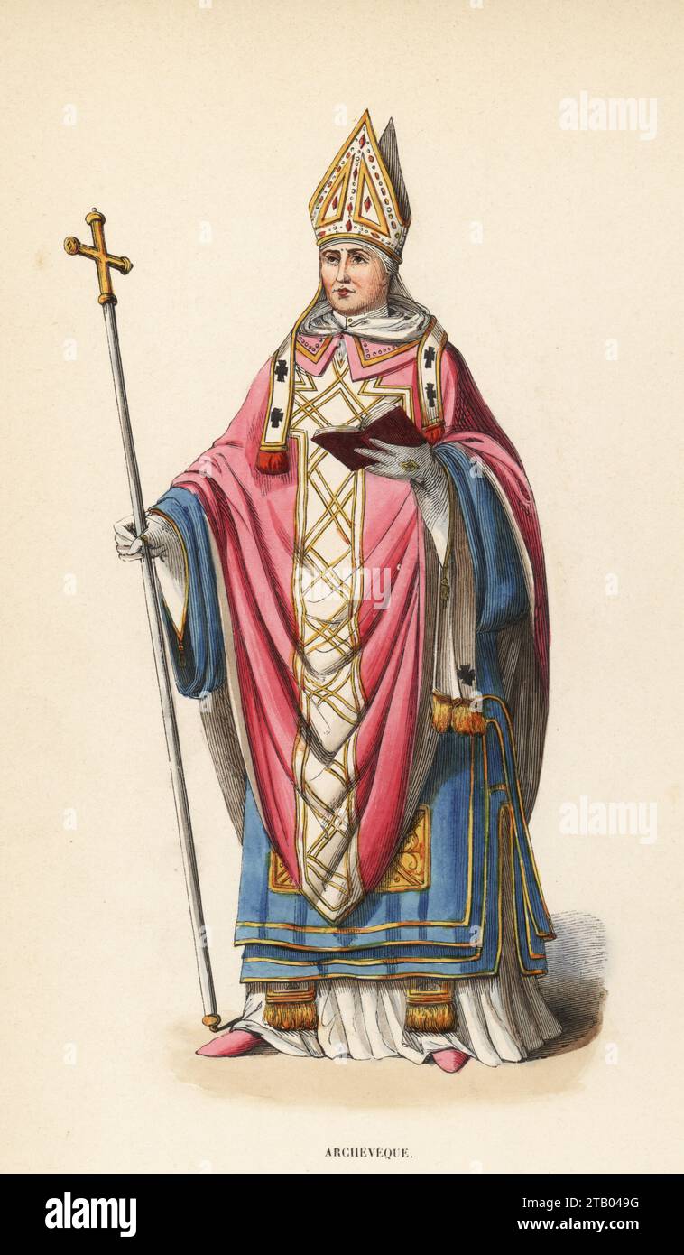 Costume of archbishop Pietro Foscari, 14th century. In mitre, alb, dalmatic, holding a cross. From a tomb effigy by Giovanni di Stefano in Santa Maria del Popolo, Rome. Archeveque, XIVe Siecle. Handcoloured woodcut engraving from Costume du Moyen Age, Medieval Costume, Librairie Historique-Artistique, Brussels, 1847. Stock Photo