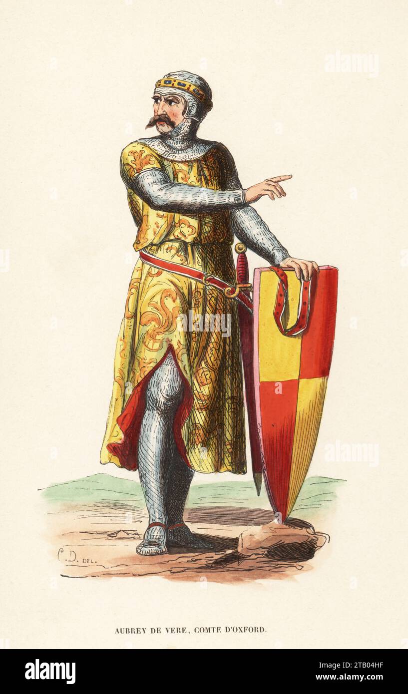 Aubrey de Vere, 2nd Earl of Oxford, Lord High Chamberlain of England, c.1163-1214. In chainmail casque and hauberk, floral tunic, with sword and shield with coat of arms. After an illustration by Charles Hamilton Smith. Aubrey de Vere, Comte d'Oxford, XIIIe siecle. Handcoloured woodcut engraving by CD from Costume du Moyen Age, Medieval Costume, Librairie Historique-Artistique, Brussels, 1847. Stock Photo