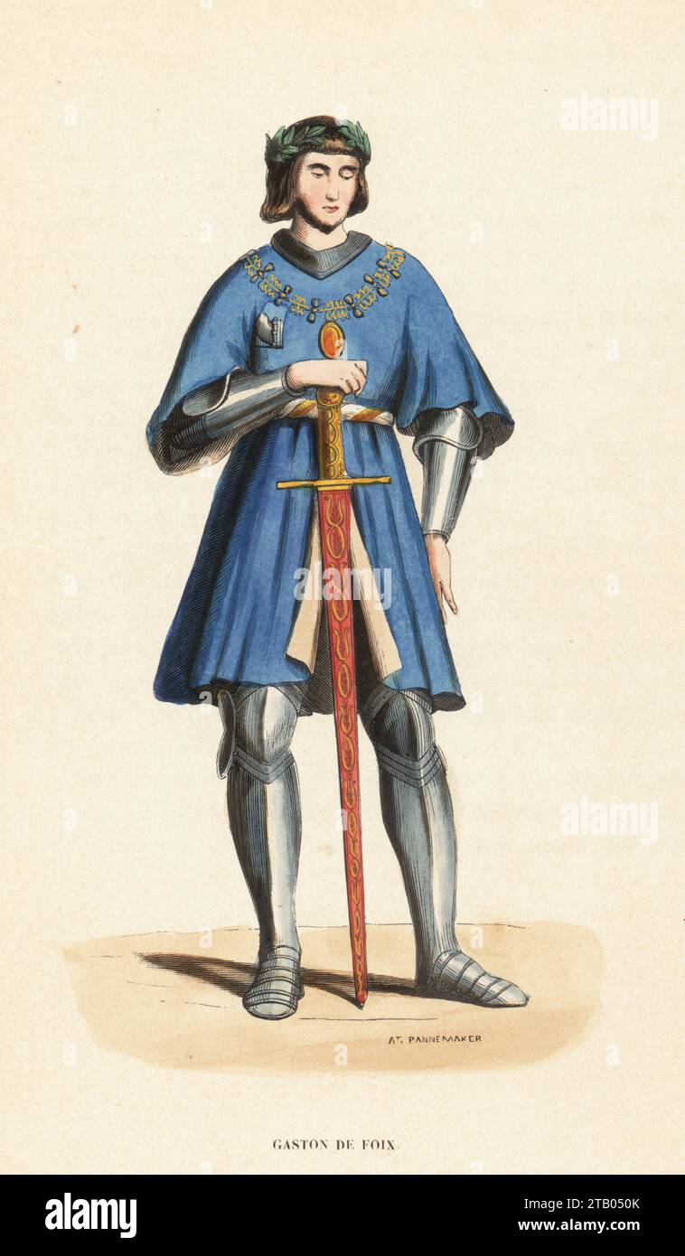 Gaston of Foix, Duke of Nemours, the Thunderbolt of Italy, 1489-1512. In laurel wreath, tunic over plate armour, holding a sword. From his tomb effigy by Agostino Busti now in Sforza Castle, Milan. Gaston de Foix, XVIe Siecle. Handcoloured woodcut engraving by At. Pannemaker from Costume du Moyen Age, Medieval Costume, Librairie Historique-Artistique, Brussels, 1847. Stock Photo