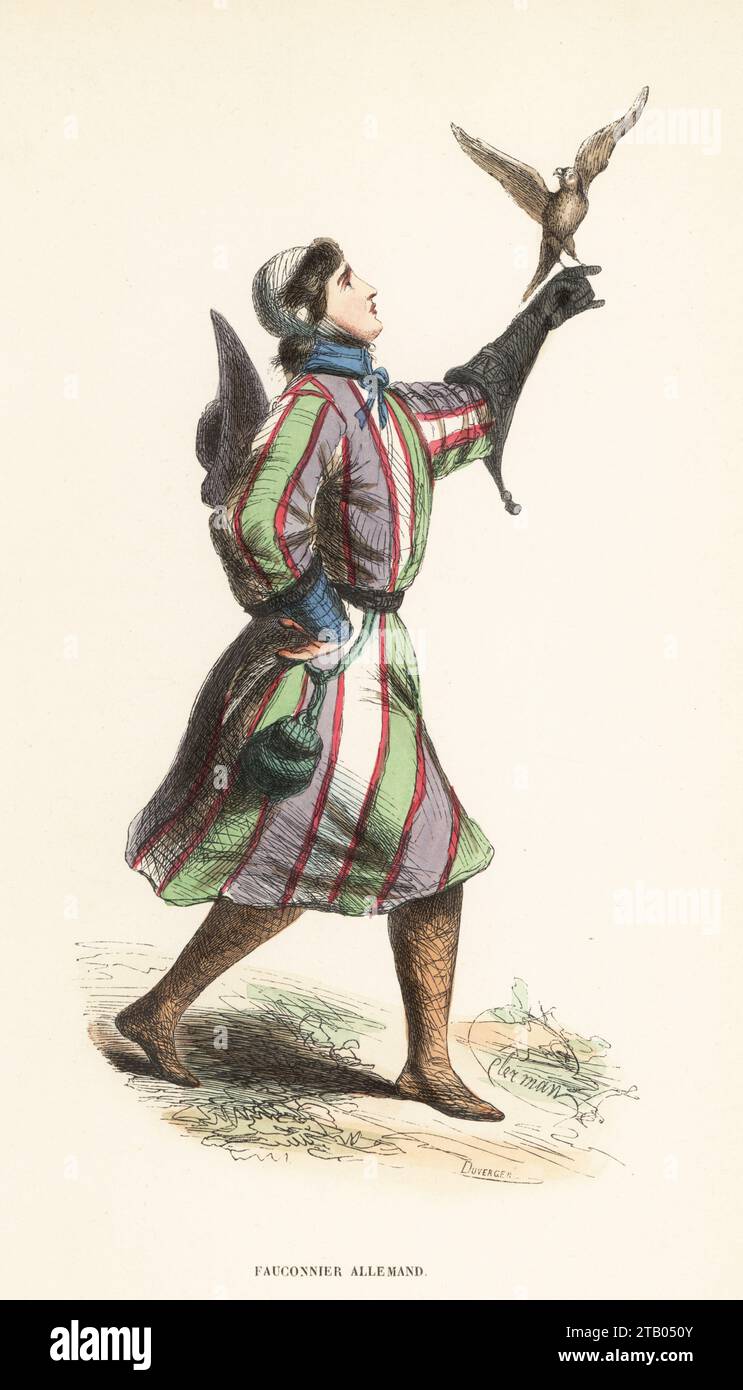 German falconer or hawker, 13th century. In white cap, doublet in green, white and violet stripes, hose, belt with purse, and leather falconer's glove. From a manuscript of Frederick II's Art of Falconry in the Vatican Library. Fauconnier Allemand, XIIIe siecle. Handcoloured woodcut engraving by Evrard Duverger and Clerman from Costume du Moyen Age, Medieval Costume, Librairie Historique-Artistique, Brussels, 1847. Stock Photo