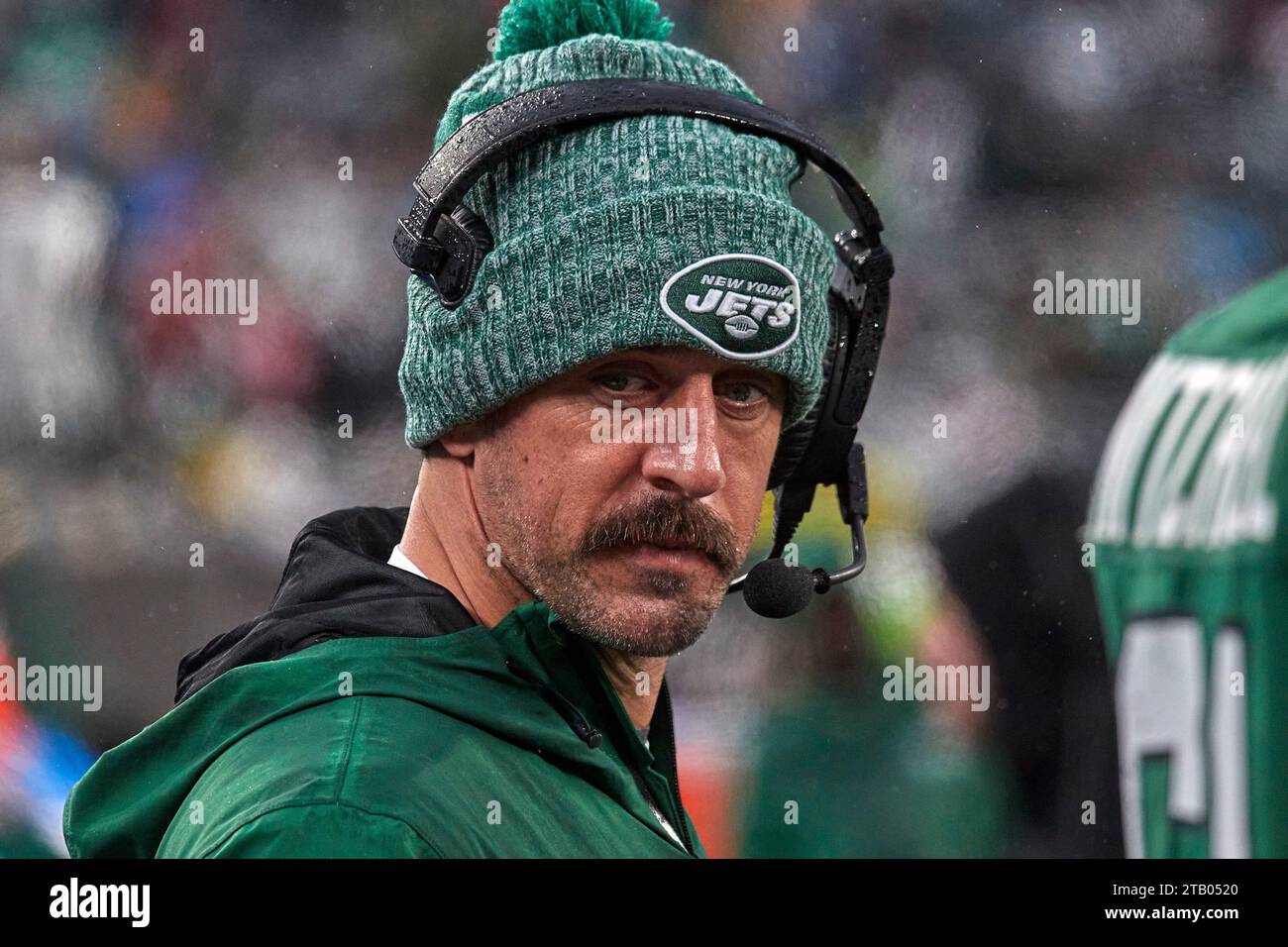 New York Jets quarterback Aaron Rodgers (8) on the sideline not in uniform during an NFL game against the Atlantic Falcons, Sunday, Dec. 3, 2023 in East Rutherford, New Jersey. Duncan Williams/CSM Stock Photo
