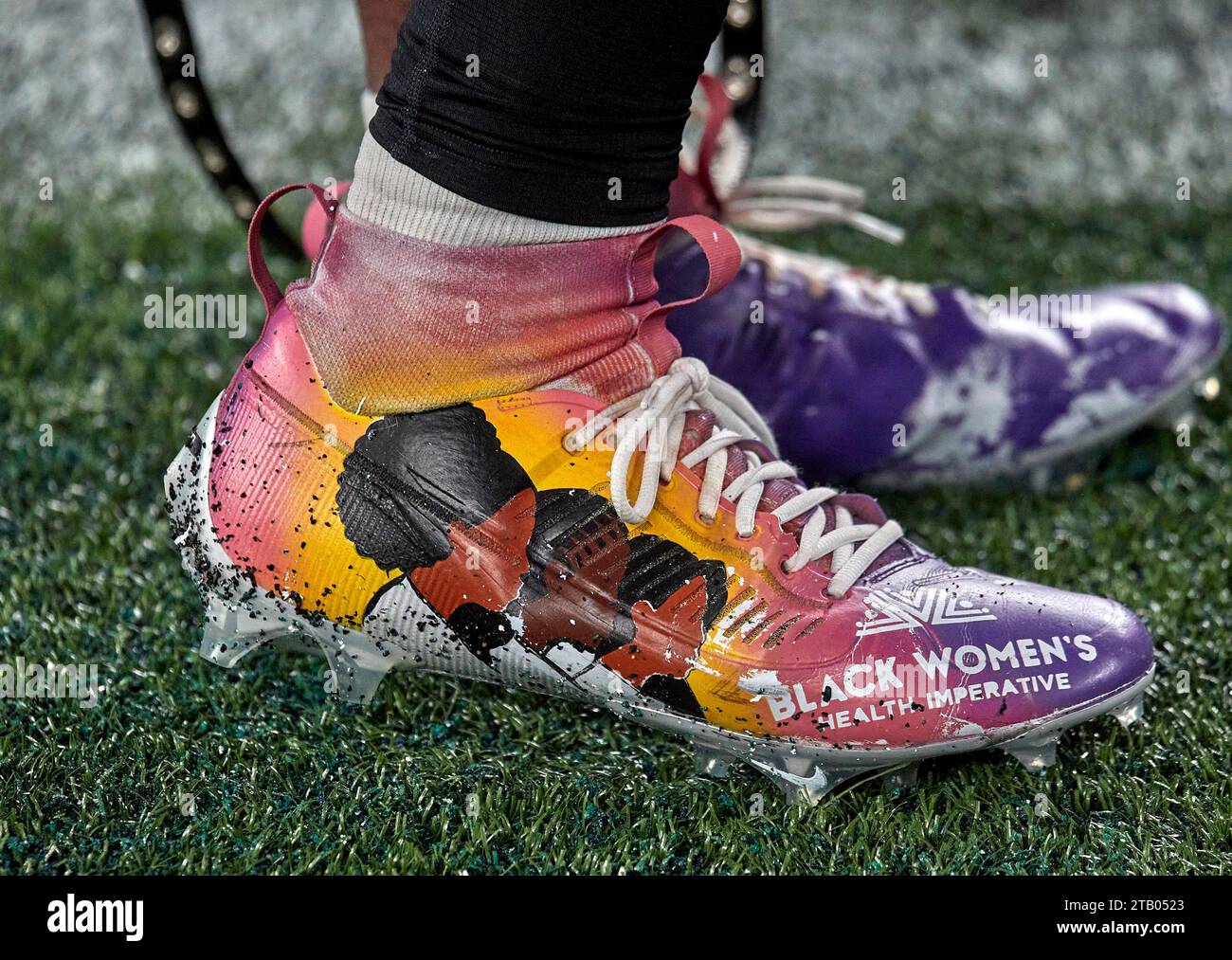 A detail view of the cleats worn by Atlanta Falcons linebacker Andre