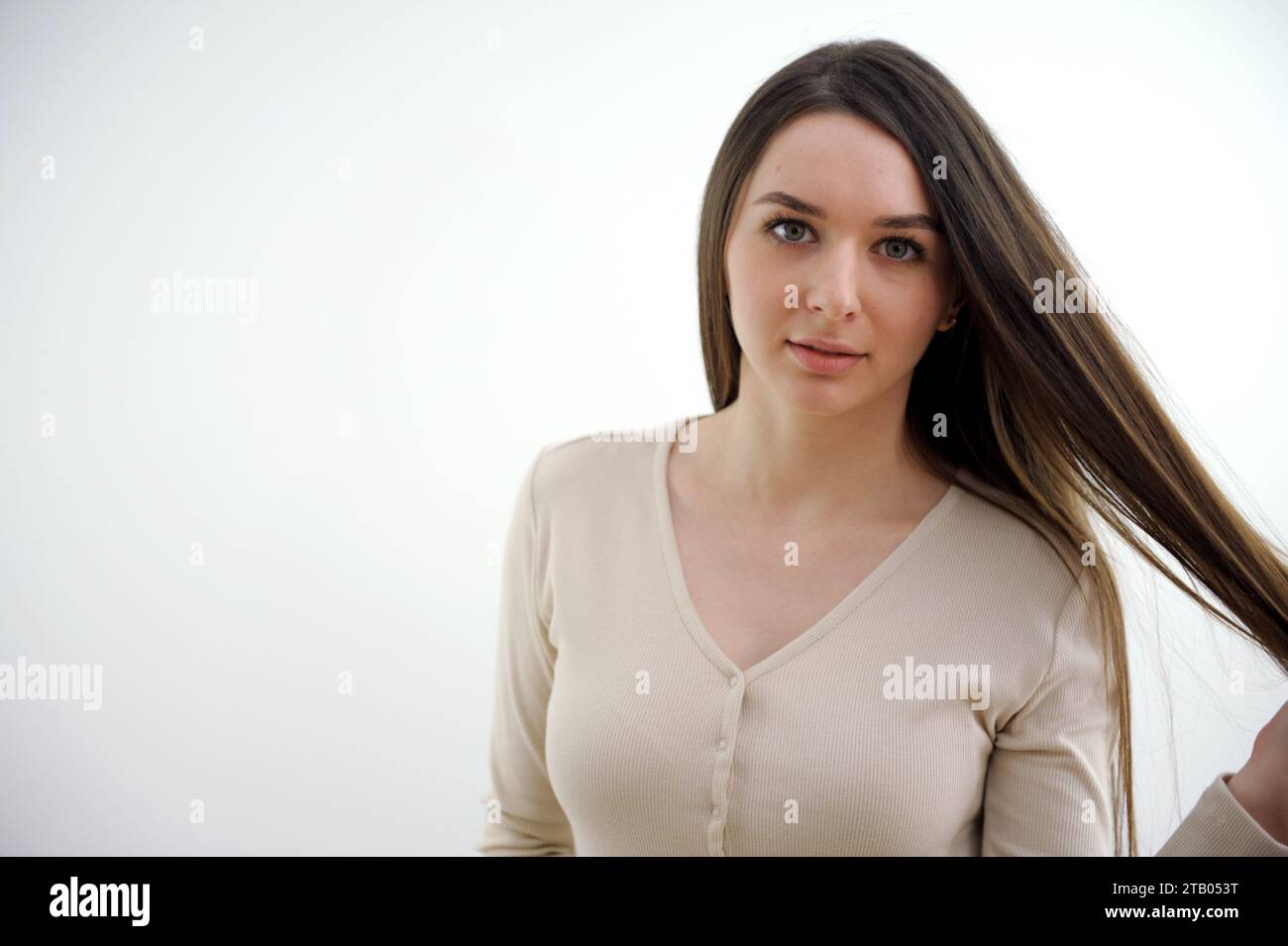 woman brush her long hair. High quality photo Stock Photo