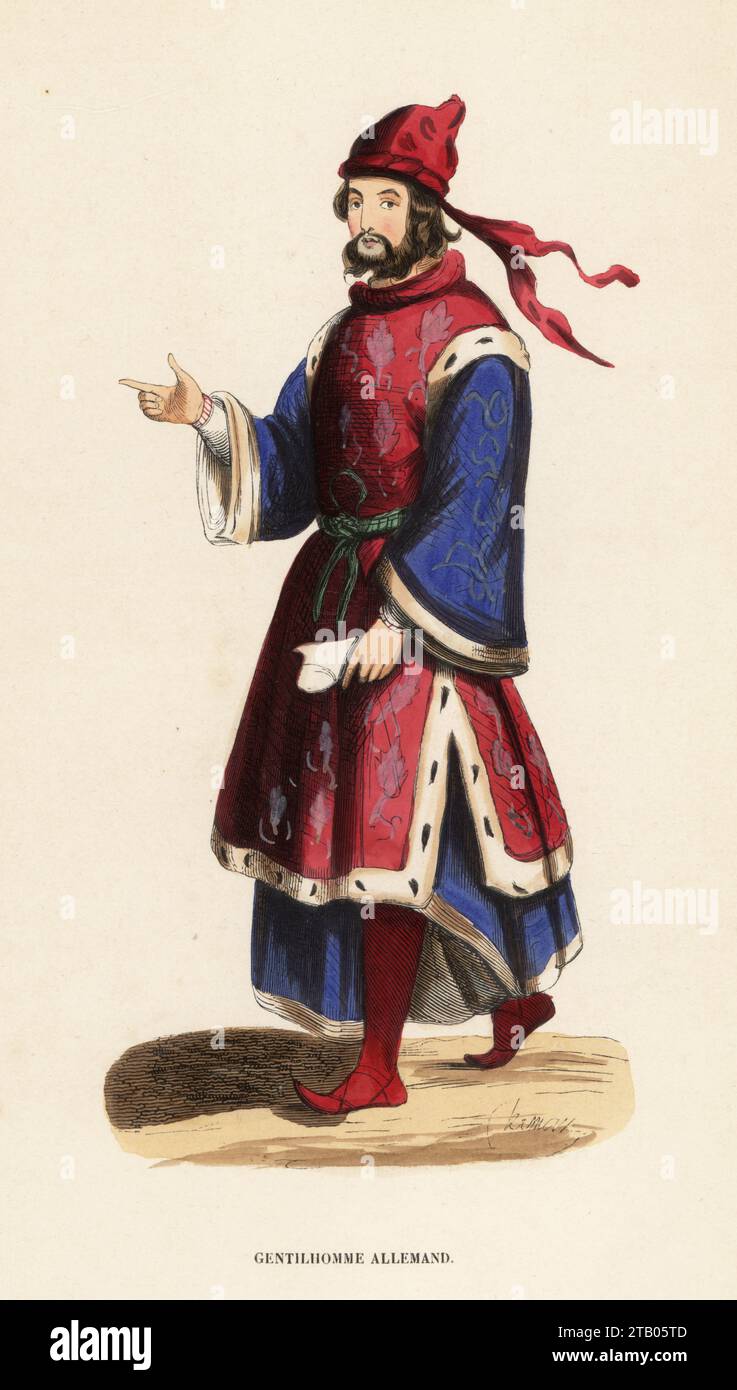 Costume of a German gentleman, 15th century. In scarlet hat, tunic and hose, blue robe with full sleeves, green belt. From a tapestry of the era. Gentilhomme Allemand, XVe Siecle. Handcoloured woodcut engraving by Clerman from Costume du Moyen Age, Medieval Costume, Librairie Historique-Artistique, Brussels, 1847. Stock Photo