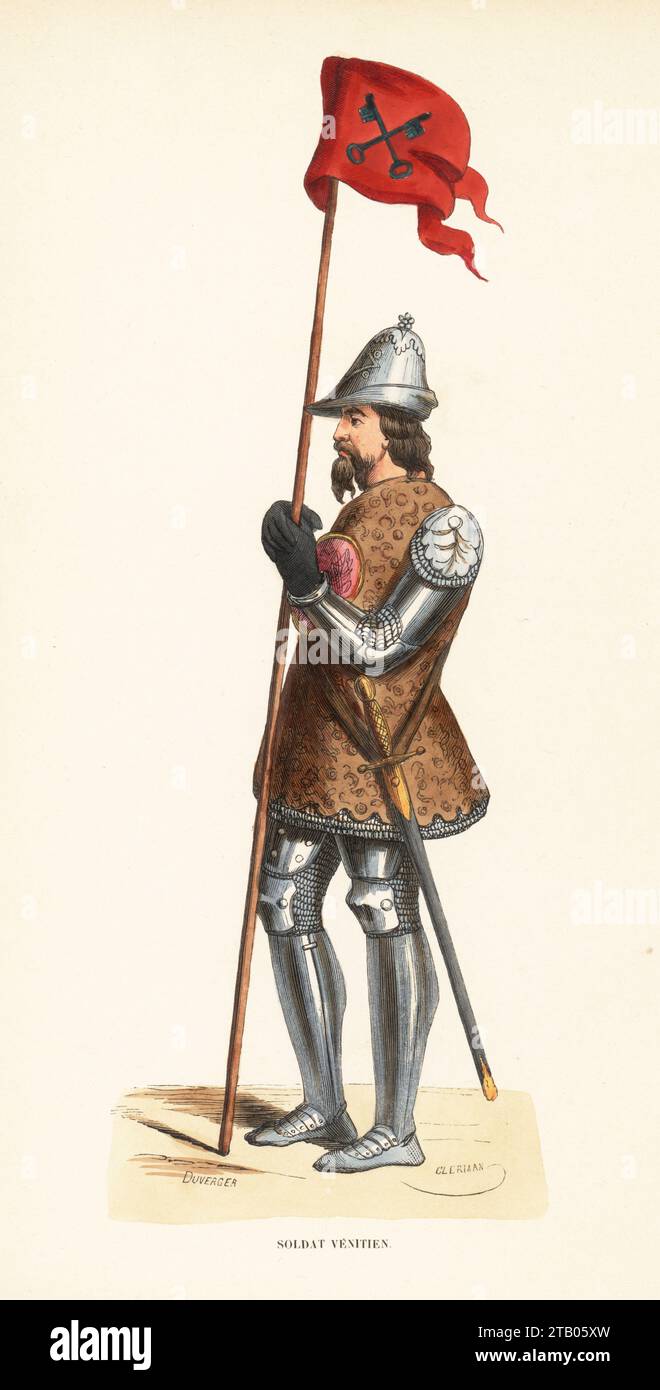 Venetian soldier, 14th century. In helmet, leather jerkin with emblem, suit of armour, with sword and red pennant with crossed keys. From a painting of Alexander III presenting a sword to the Doge of Venice by Spinello Aretino in the Palazzo Pubblico in Siena. Soldat Venitien, XIVe Siecle. Handcoloured woodcut engraving by Evrard Duverger and Clerman from Costume du Moyen Age, Medieval Costume, Librairie Historique-Artistique, Brussels, 1847. Stock Photo