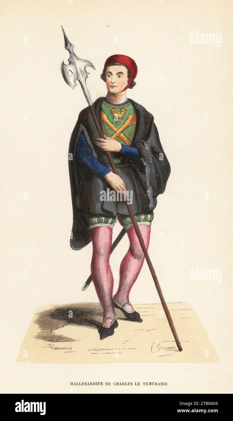Halberdier to Charles the Bold, Duke of Burgundy from 1467-77. In red cap, black tunic, armorial doublet, breeches and hose, with halberd. From a manuscript Cyropedie de Xenophon copied by Vasco de Lucena in the Bibliotheque royale de Bruxelles. Hallebardier de Charles le Temeraire, XVe Siecle. Handcoloured woodcut engraving by At. Pannemaker and Clerman from Costume du Moyen Age, Medieval Costume, Librairie Historique-Artistique, Brussels, 1847. Stock Photo