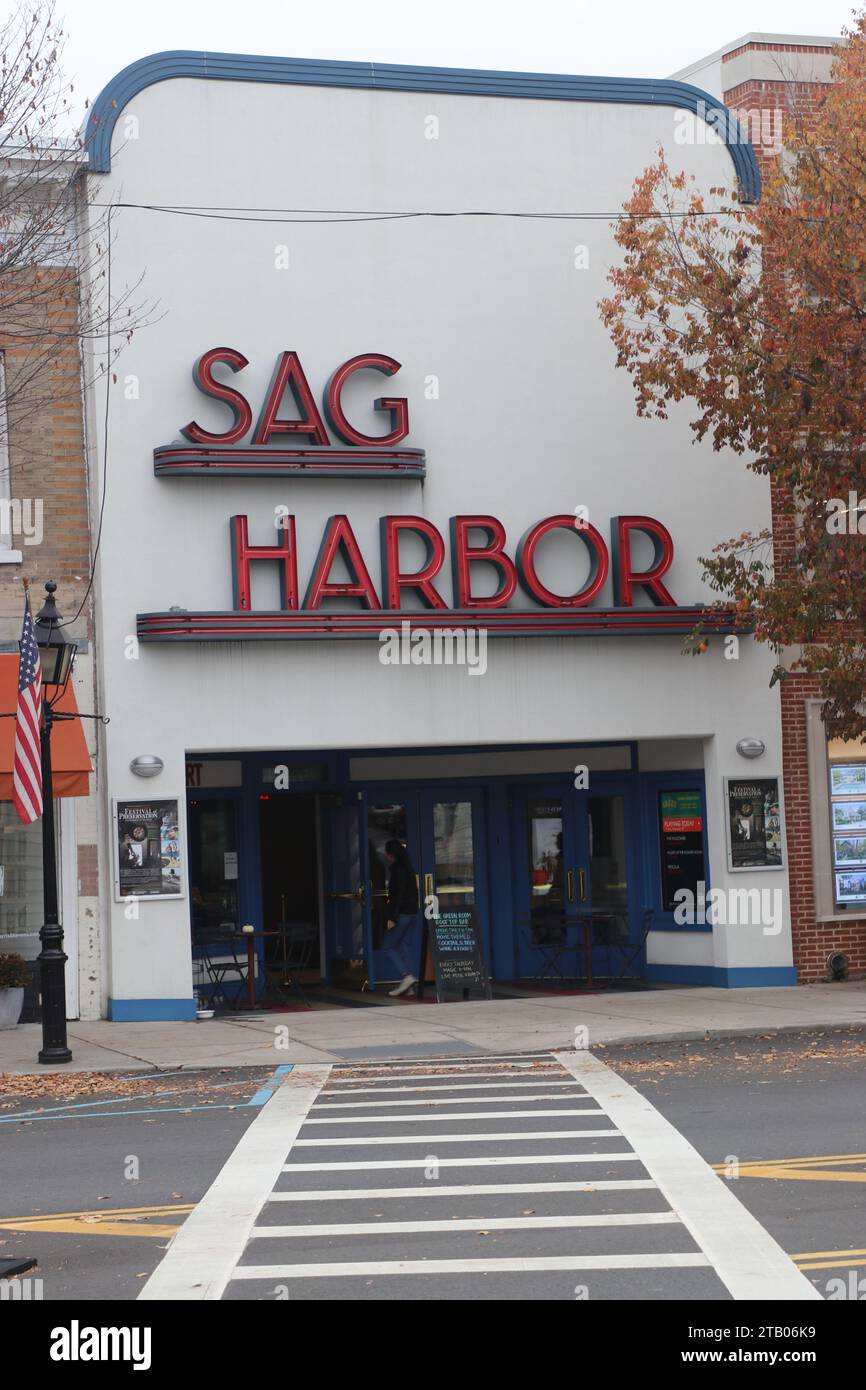 Sag Harbor sign on main street, Sag Harbor, Long Island Stock Photo
