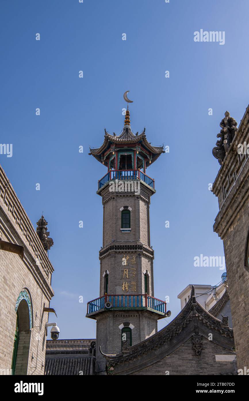 The street around the Great Mosque of Hohhot (a mosque in Huimin District), Hohhot, Inner Mongolia, China. Capture translation from Chinese: The Great Stock Photo
