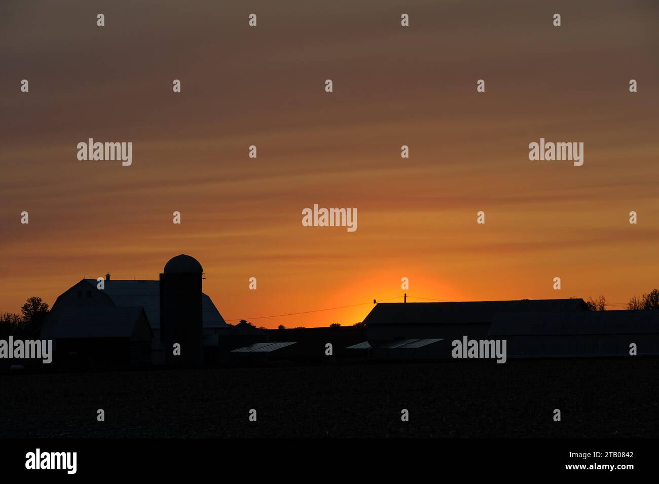 Sunset with farm silhouette Stock Photo