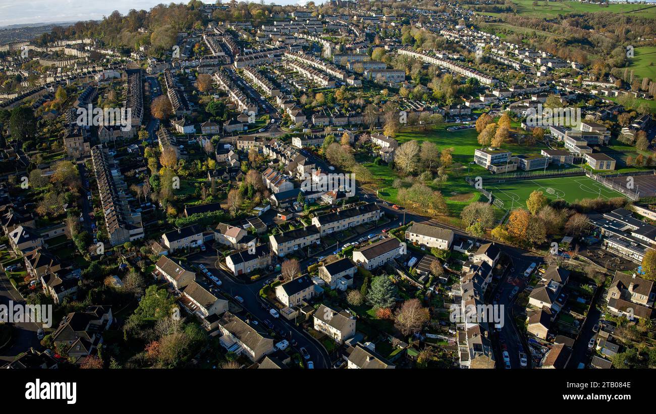 Aerial drone view over Larkhall and Fairfield Park, Bath UK. (28-11-2022) Stock Photo