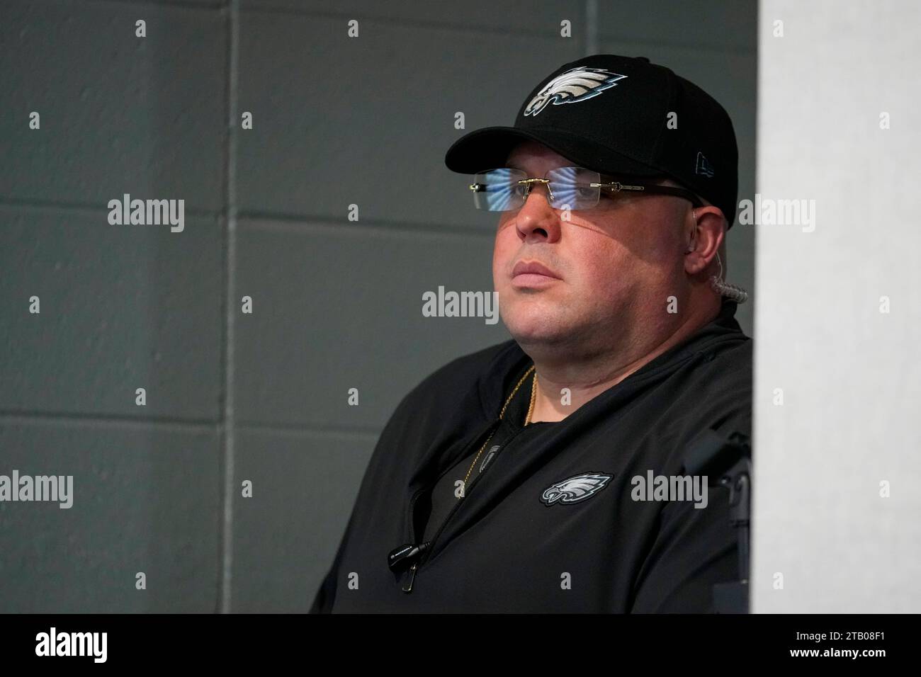 Philadelphia Eagles chief security officer Dom DiSandro looks on during a  press conference following an NFL football game between the Eagles and the  San Francisco 49ers, Sunday, Dec. 3, 2023, in Philadelphia.